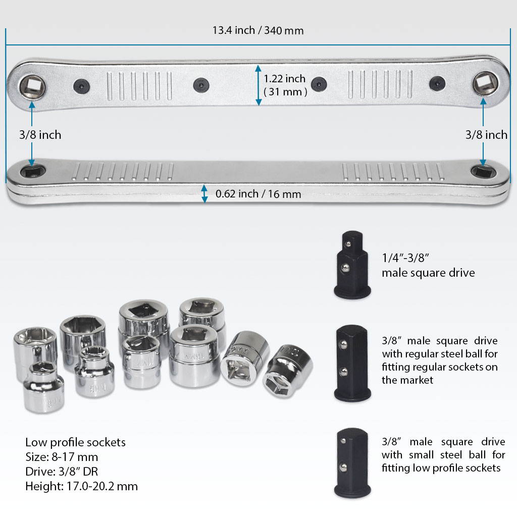 FIRSTINFO Impact Ready Offset Extension Wrench and Low Profile Socket Set, Includes 1/4 Inch and 3/8 Inch Square Drive Adapters and 8mm to 17mm Sockets with 0 Degree Swing Arc for Confined Fasteners