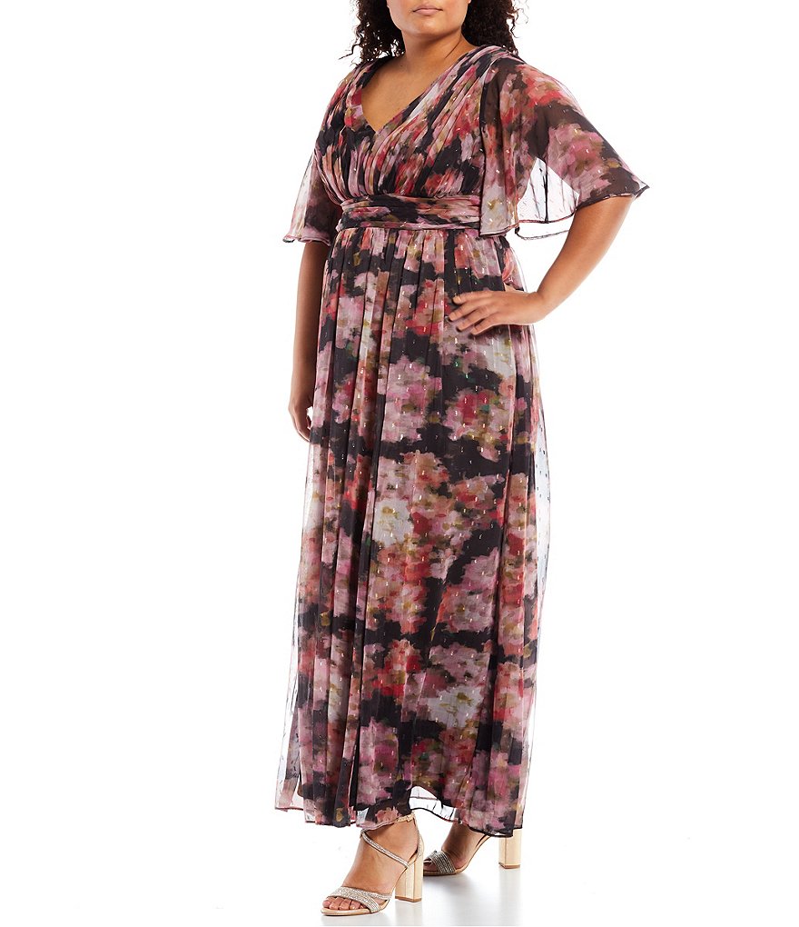 Adrianna Papell Plus Size Flutter Short Sleeve V-Neck Watercolor Printed Metallic Chiffon Draped Gown