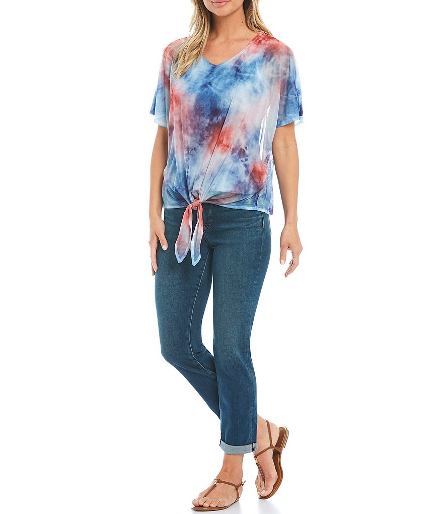 One World Apparel Tie Dye V-Neck Mesh Overlay Tie-Front Bubble Top