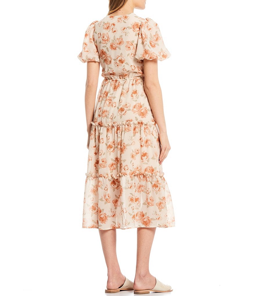 Blu Pepper Floral Button Front Short Balloon Sleeve Tiered Midi Dress