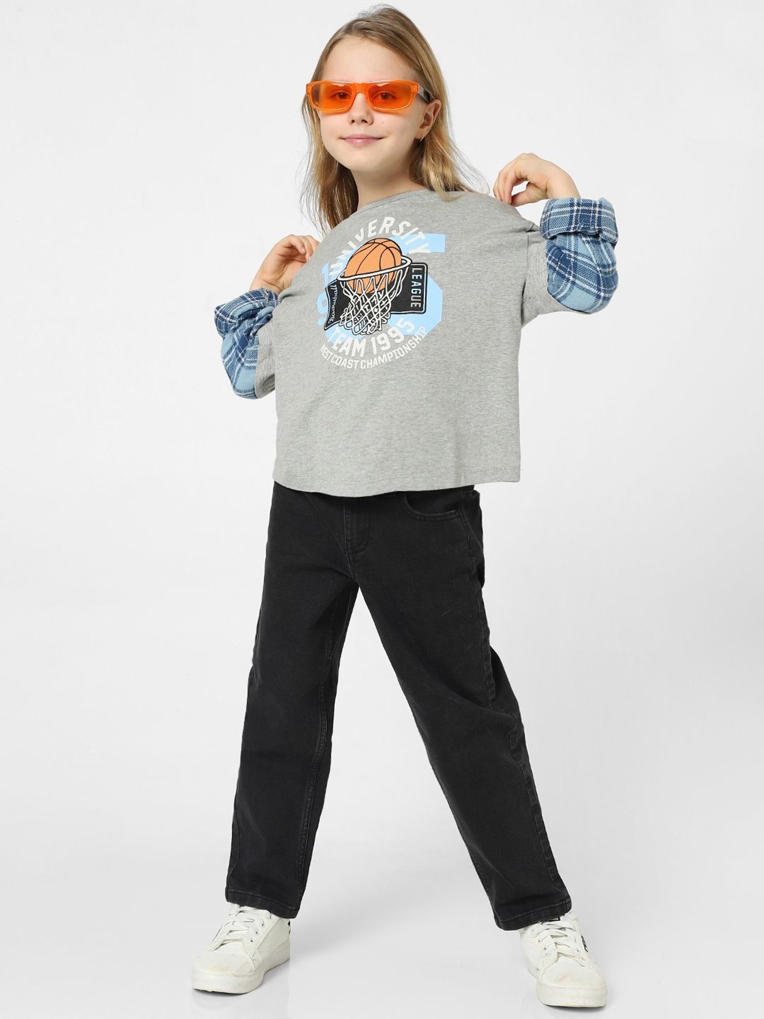 KIDS ONLY Melange Grey & Blue Cotton Printed Full Sleeves Sweatshirt
