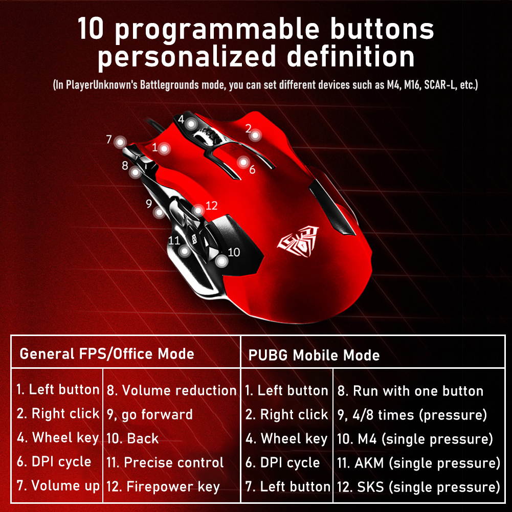 AULA 9006 Wired Professional Gaming Mouse Death Coil 10-Key Programmable 8200DPI Mouse for Computer