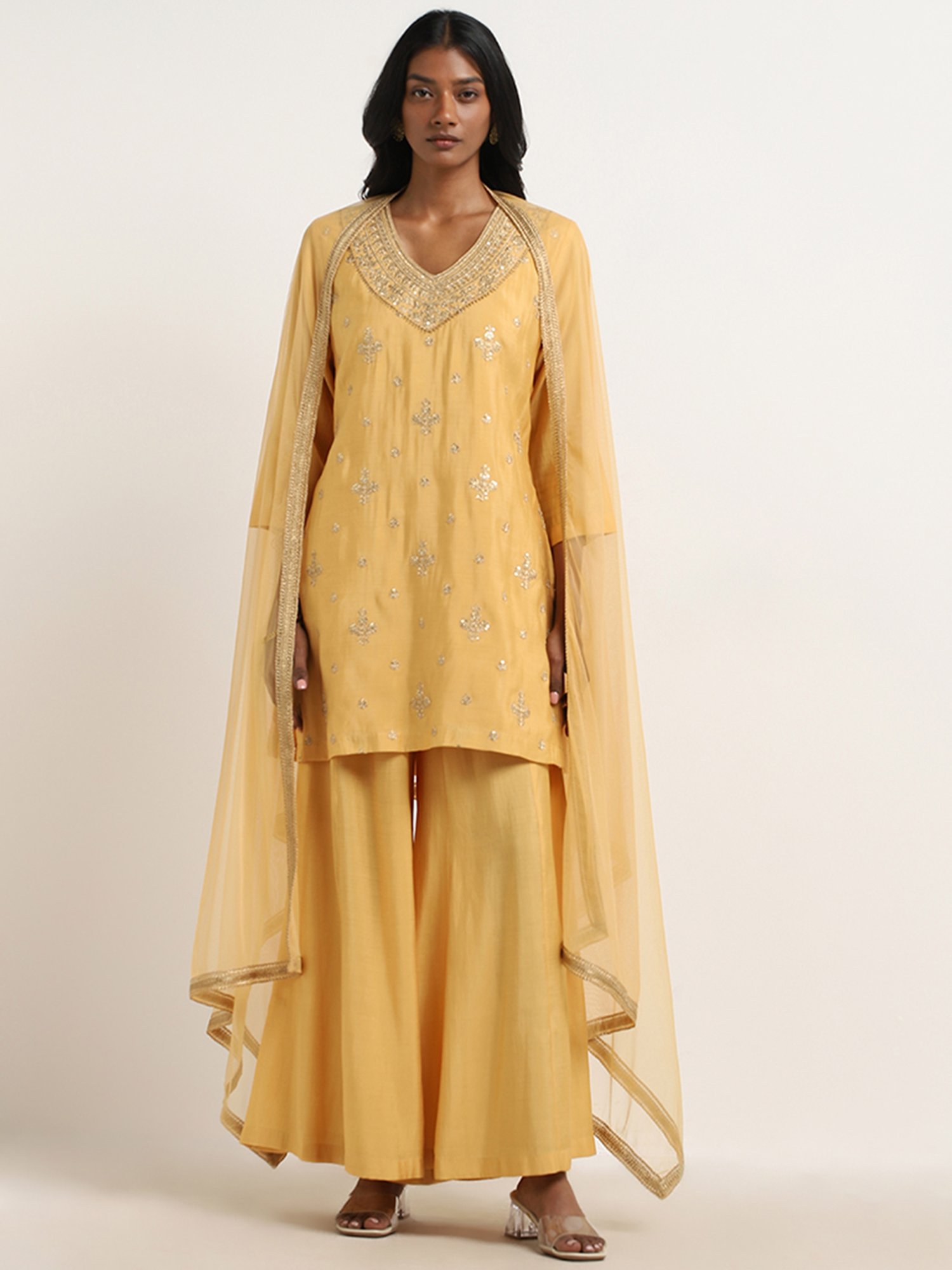 Vark by Westside Yellow Embellished Kurti, Palazzos and Dupatta Set