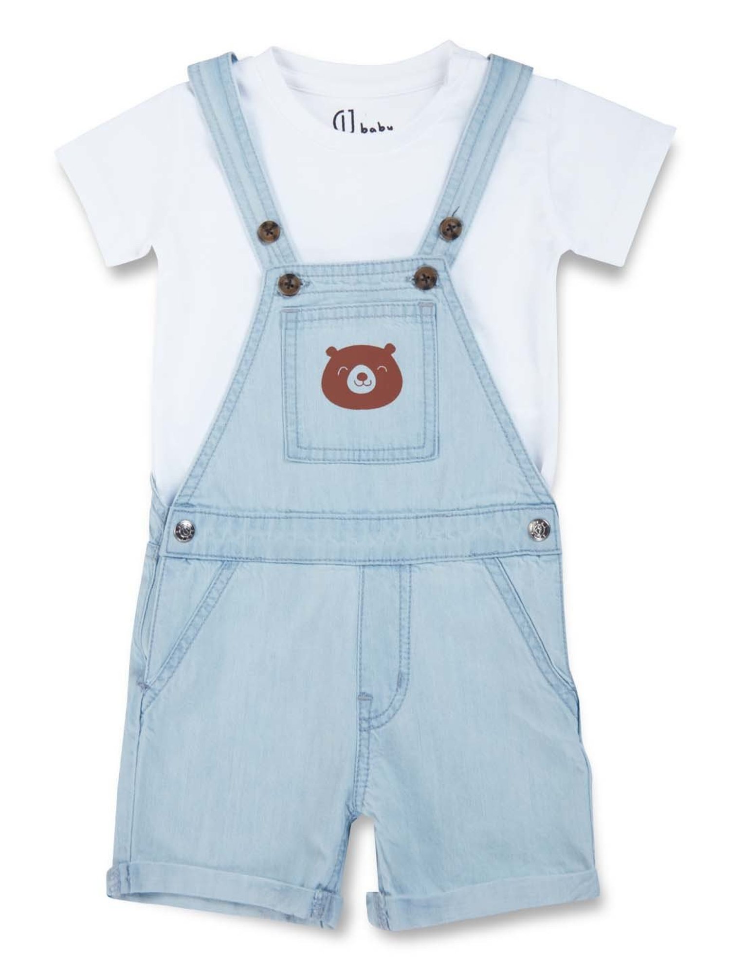 GJ baby Kids White & Blue Printed Dungaree Set