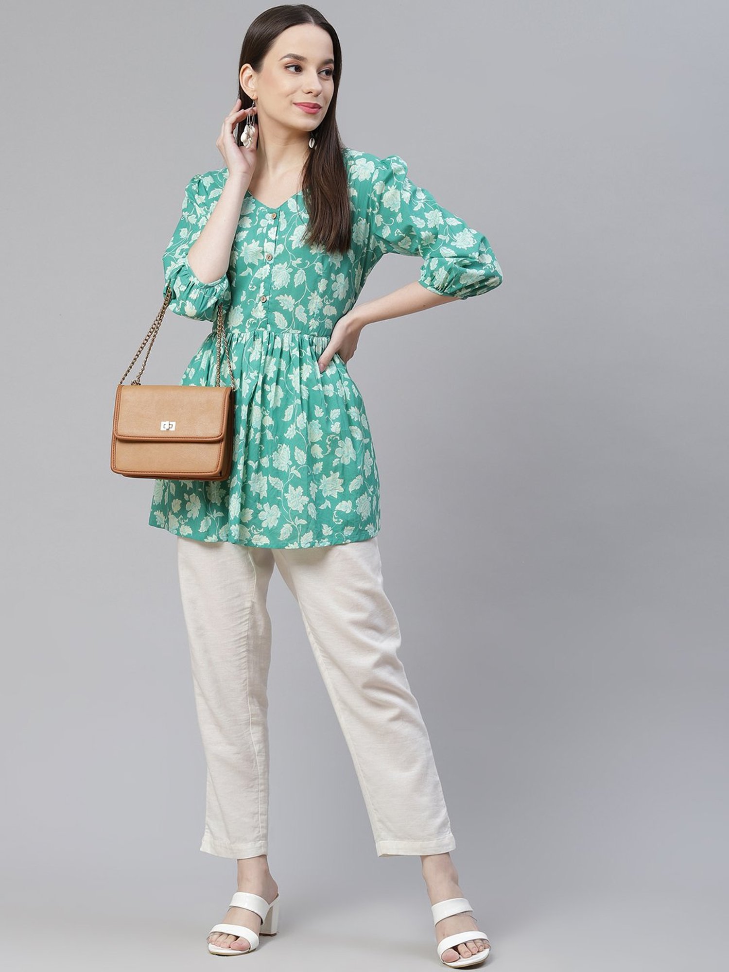 Divena Turquoise Cotton Printed Top