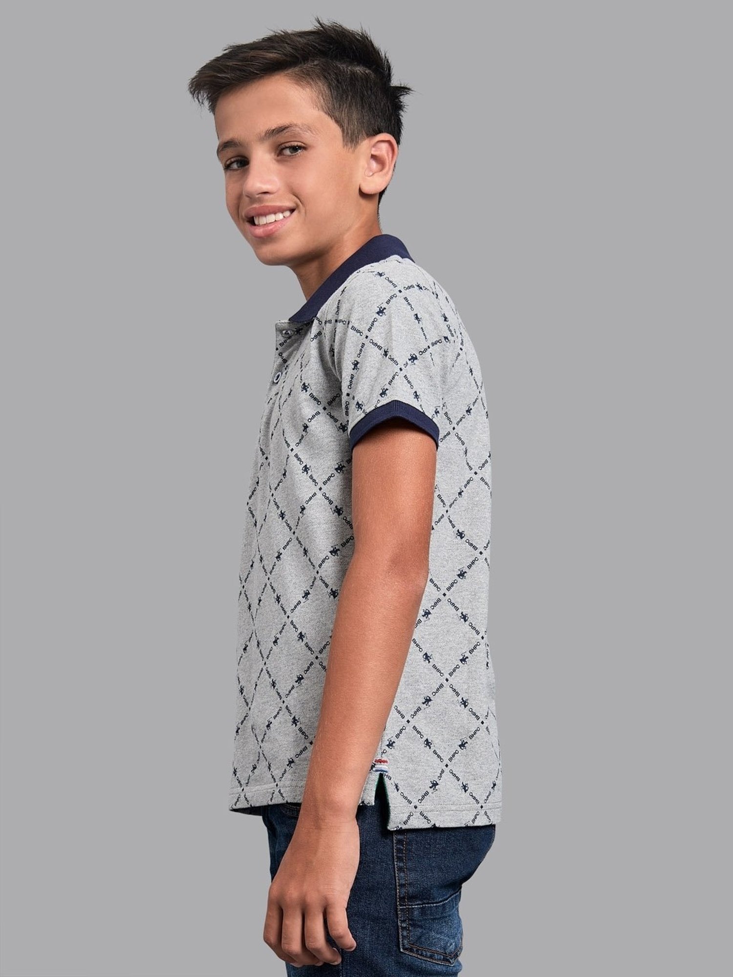 Beverly Hills Polo Club Kids Grey Cotton Printed Polo T-Shirt