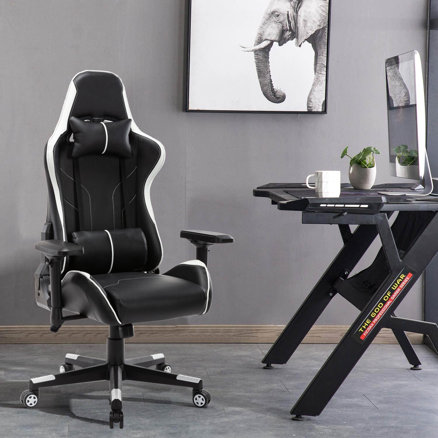 Gaming Chair, UHOMEPRO PU Leather High Back Computer Chair Office Chair, Home Desk Chair, PC Racing Chair, Executive Ergonomic Adjustable Task Chair with Headrest and Lumbar Support