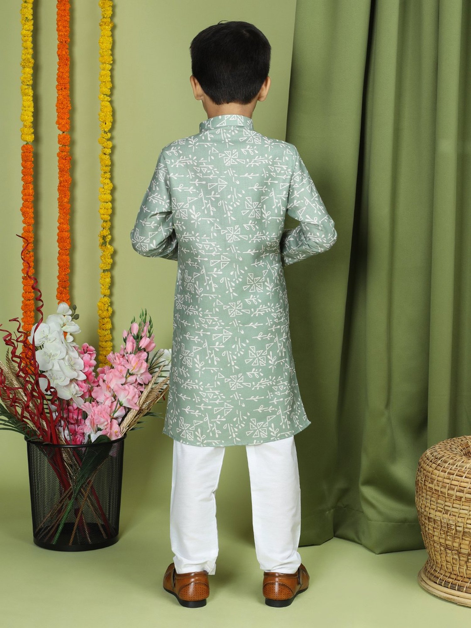 TABARD Kids Sage Green Printed Full Sleeves Kurta