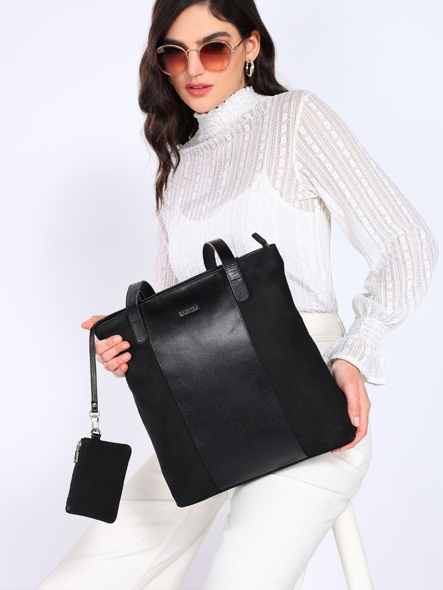SASSORA IRIS Black Leather Large Shoulder Bag