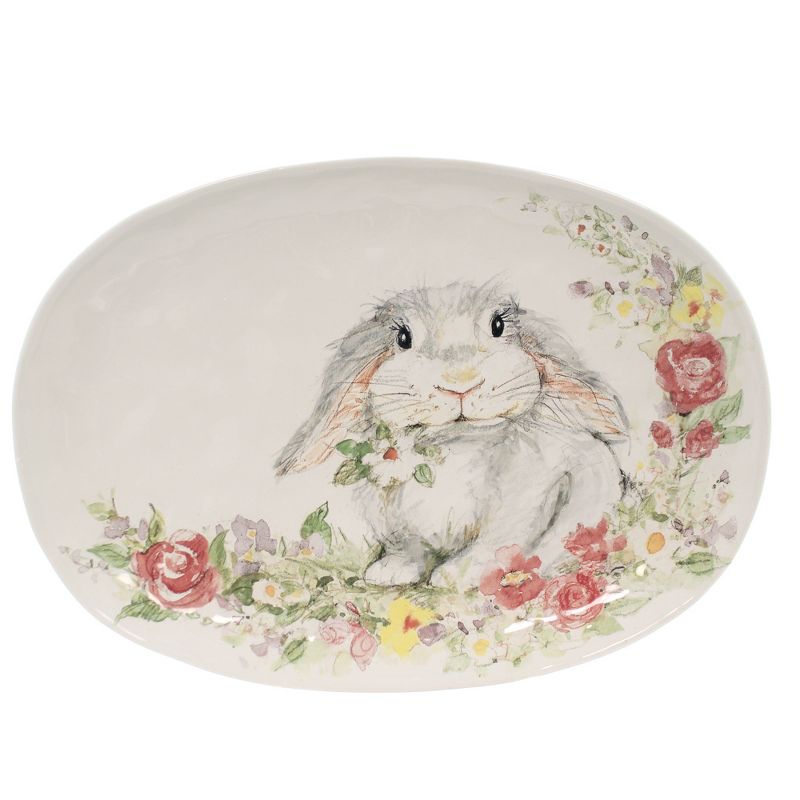 Tabletop 12.5" Sweet Bunny Oval Platter Floral  Easter Plate Spring Certified International  -  Serving Platters