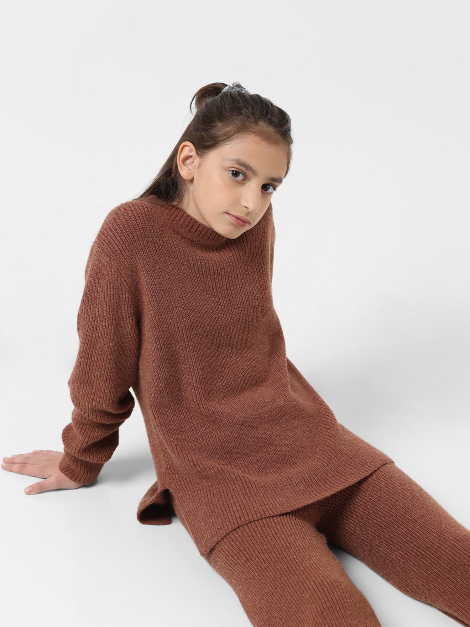VERO MODA GIRL Brown Solid Full Sleeves Sweater