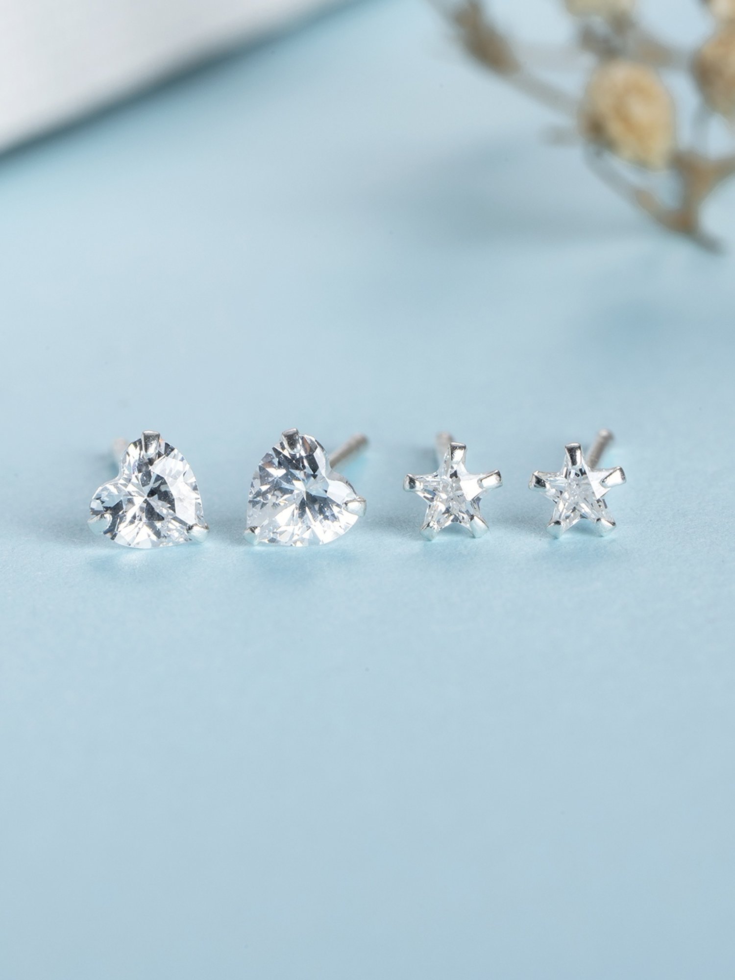 Zavya 92.5 Sterling Silver Starry Heartbeat Stud Earrings for Women - Set of 2