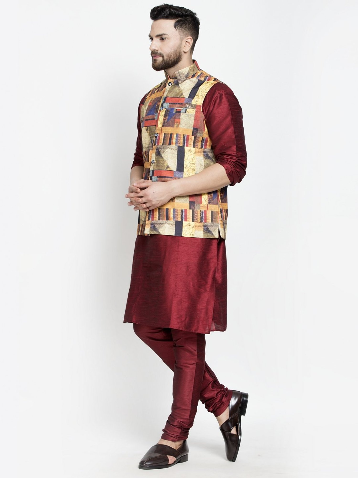 Benstoke Maroon & Multicolor Regular Fit Geometric Kurta Set With Jacket