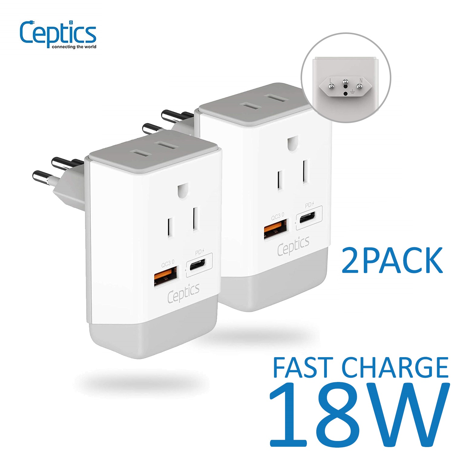 Brazil Travel Adapter | Type N - USB-A & USB-C Ports + 2 USA Outlet (AP-11C-2PK)