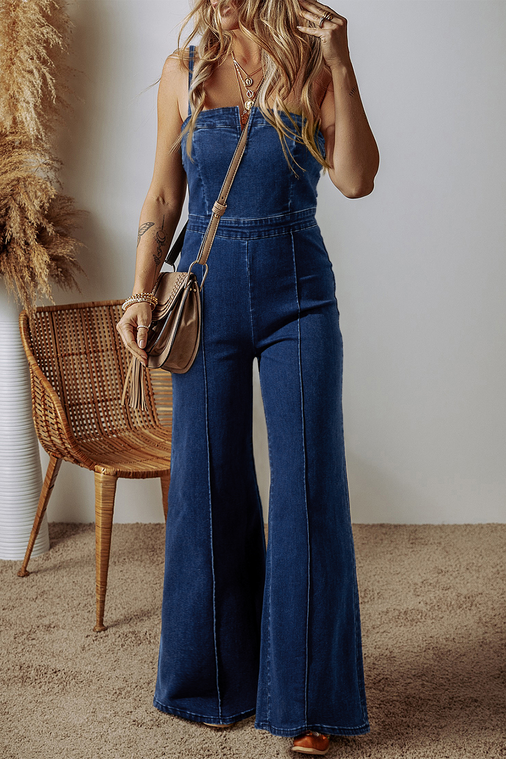 Gray Textured Wide Leg Overall with Pockets