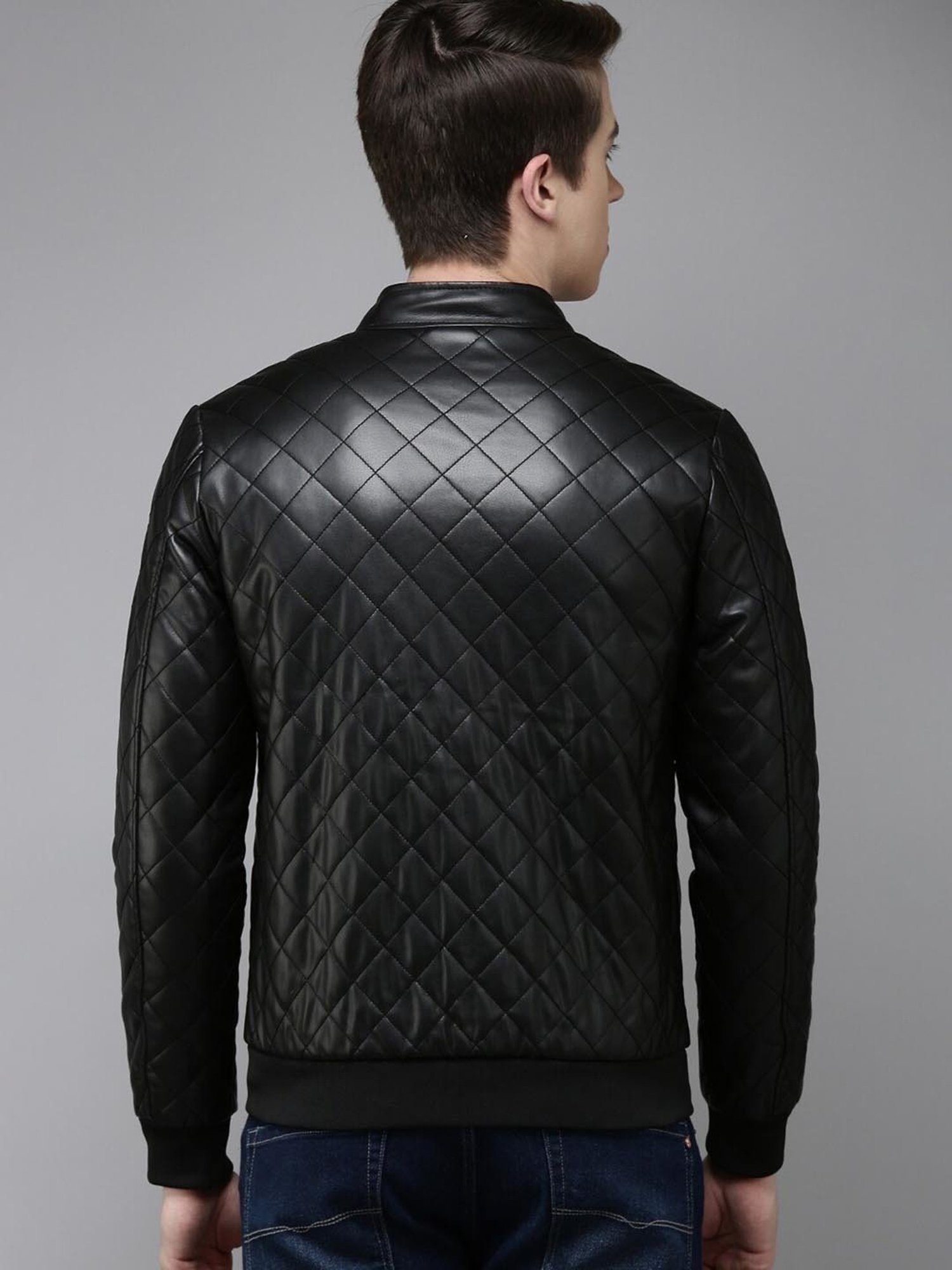 V Dot Black Slim Fit Quilted Jacket