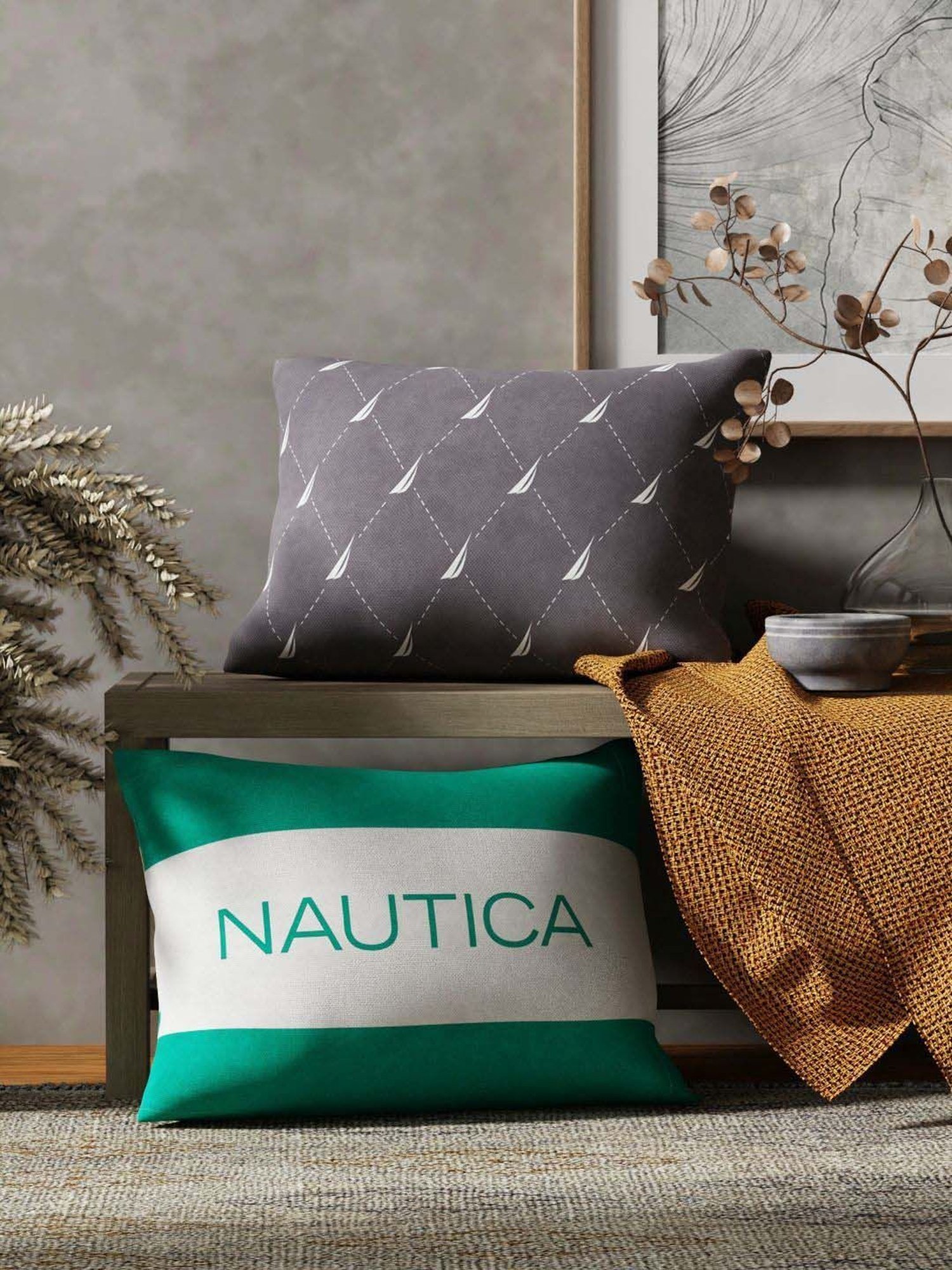 Nautica Logo Stripe Grey & Mint Microfibre 300 GSM Premium Cushion Covers - Set of 2