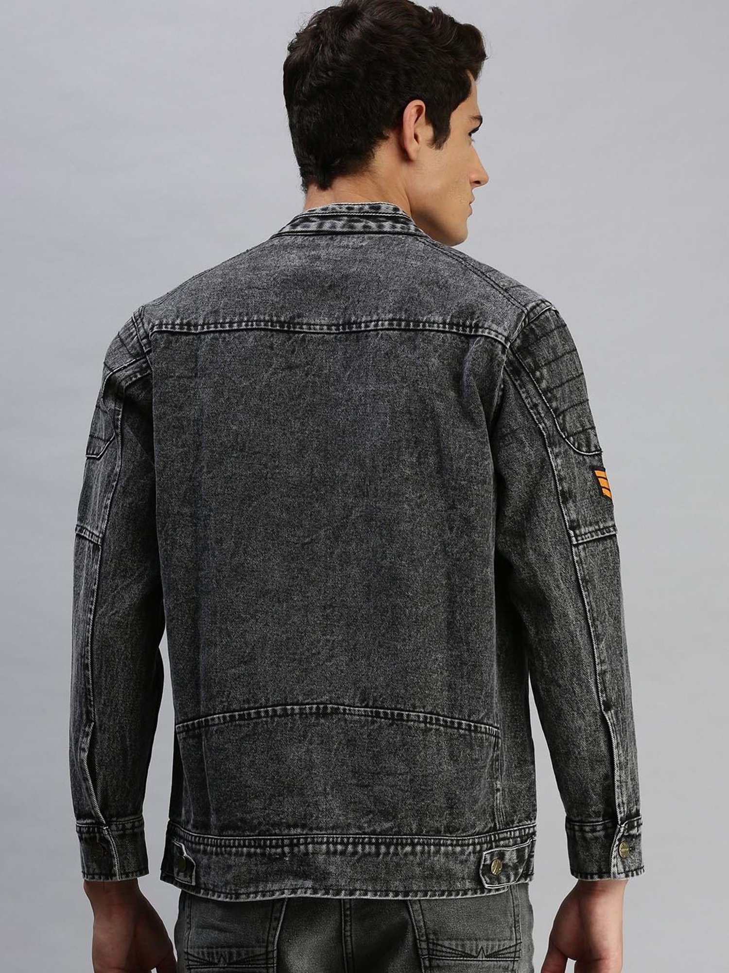 VOXATI Grey Full Sleeves Mandarin Collar Denim Jacket