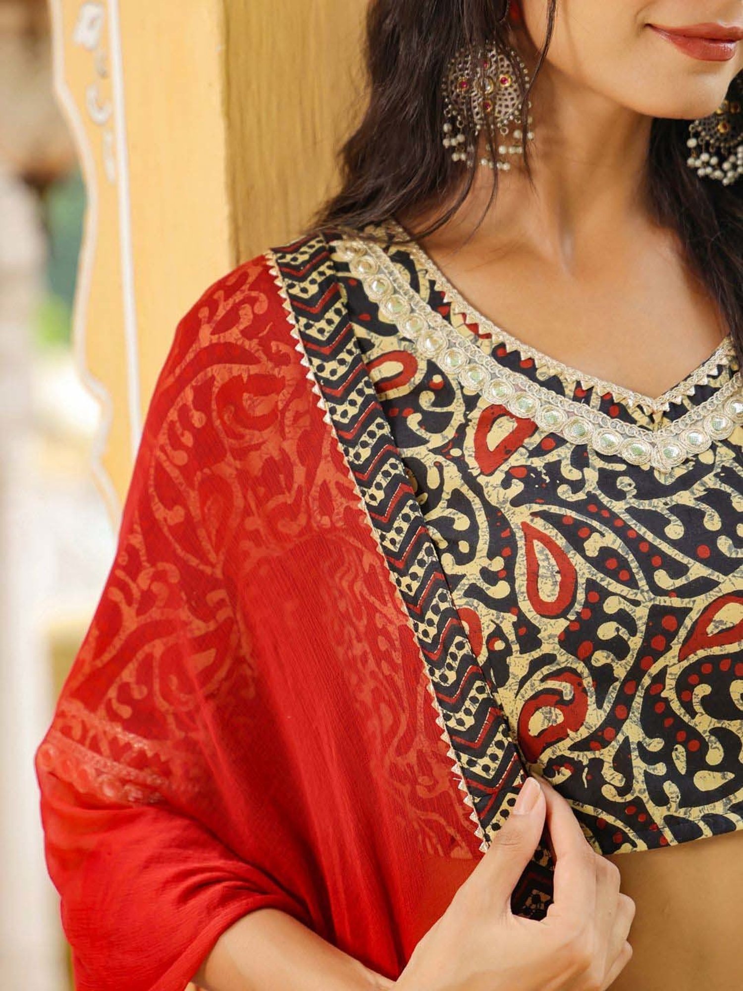 Janasya Black Cotton Printed Lehenga Choli Set With Dupatta