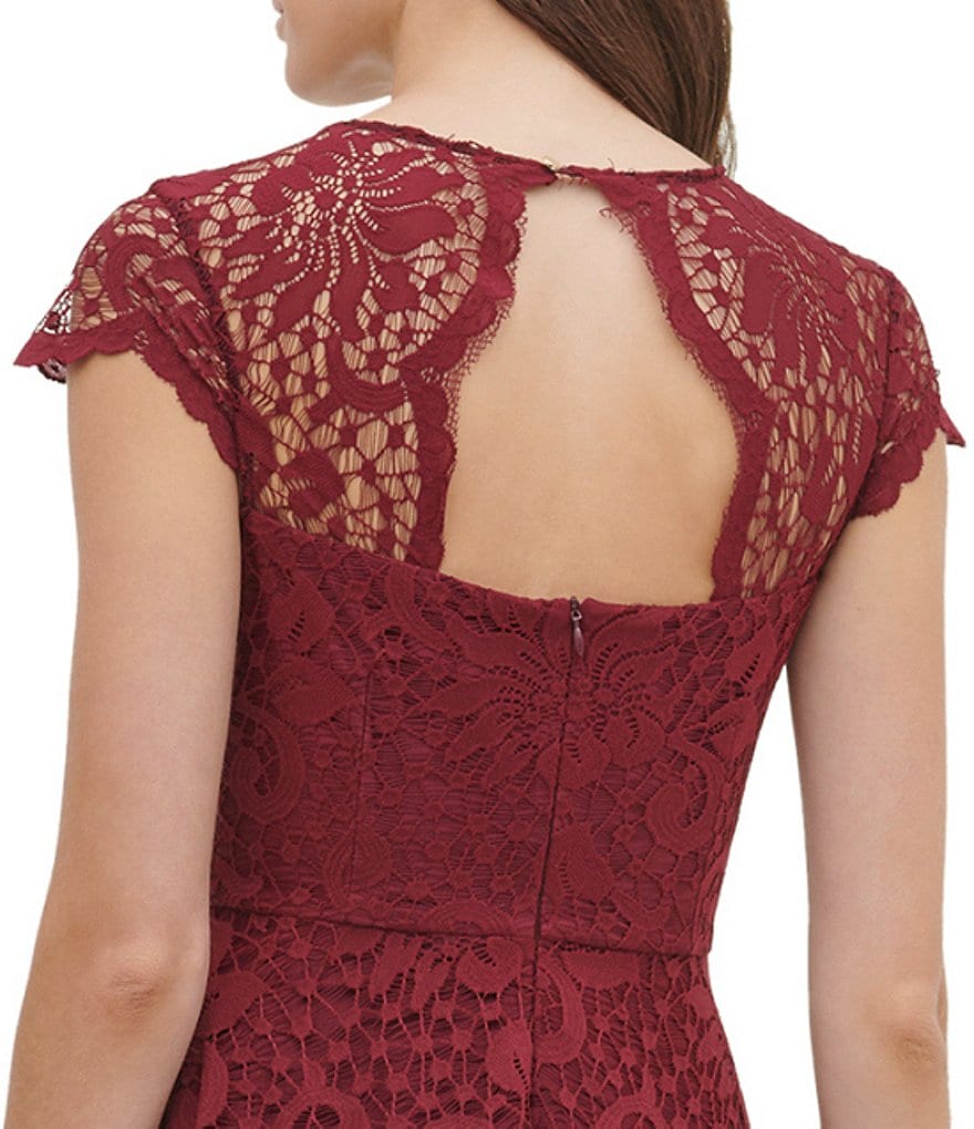 Kensie Illusion Neck Cap Sleeve Lace Fit & Flare Scallop Hem Fit & Flair Dress