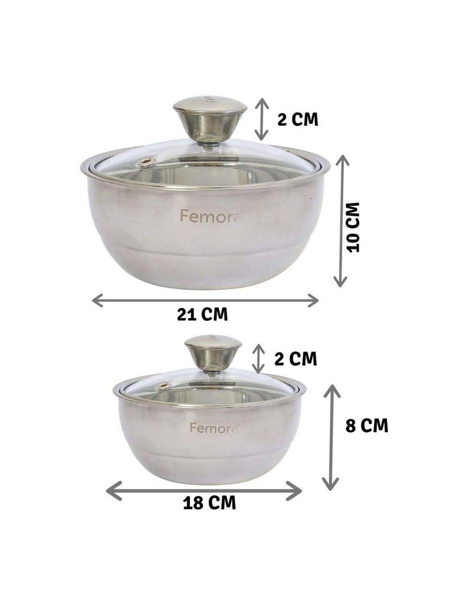 Femora Stainless Steel Insulated Curry Serving Bowl with Lid (1500 ml & 900 ml) - Set of 2