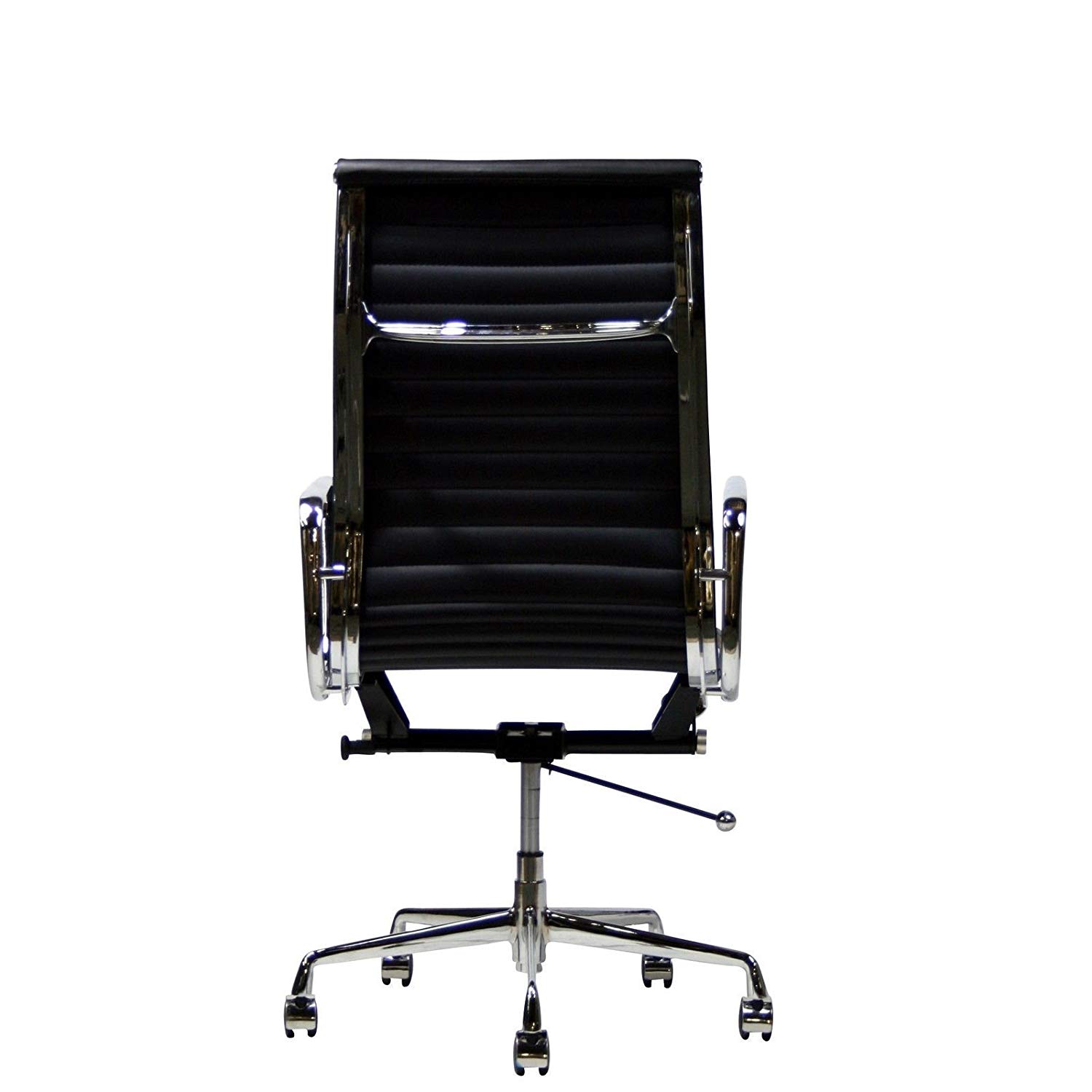 eMod Eames Adjustable Height Office Chair in PU Leather with Chromed Steel Frame, Polished Aluminum Armrests, 360-Degree Perfect Swivel, Ribbed High Back, A Tension Knob, Tilt Lock Lever - BLACK COLOR