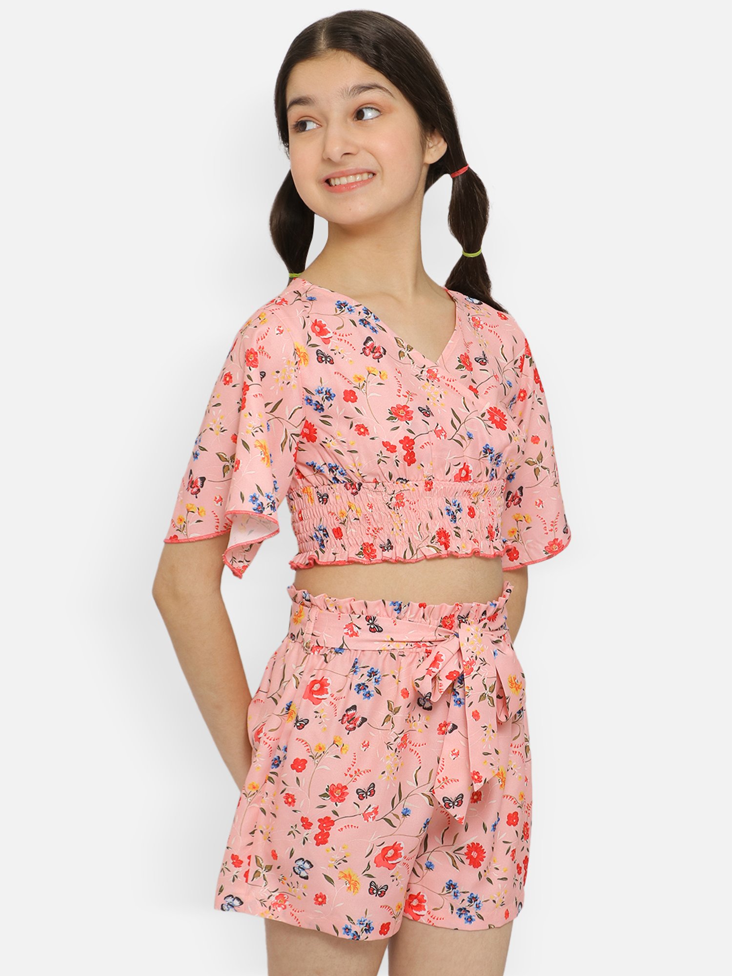 Nauti Nati Kids Peach Floral Print Top, Shorts with Waist Tie Ups