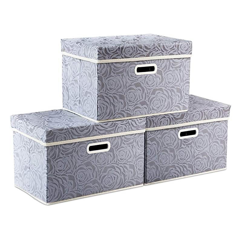 Collapsible Storage Boxes with Lids Fabric Decorative Storage Bins Cubes Organizer Containers Baskets with Cover Handles Divider for Bedroom Closet Living Room 14.9x9.8x9.8 Inch 3 Pack