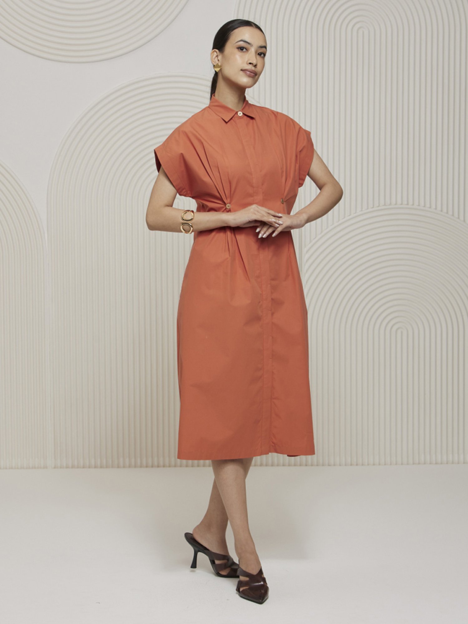 Artagai Orange Elevated Basics Pleated Shirt Dress with Concealed Placket