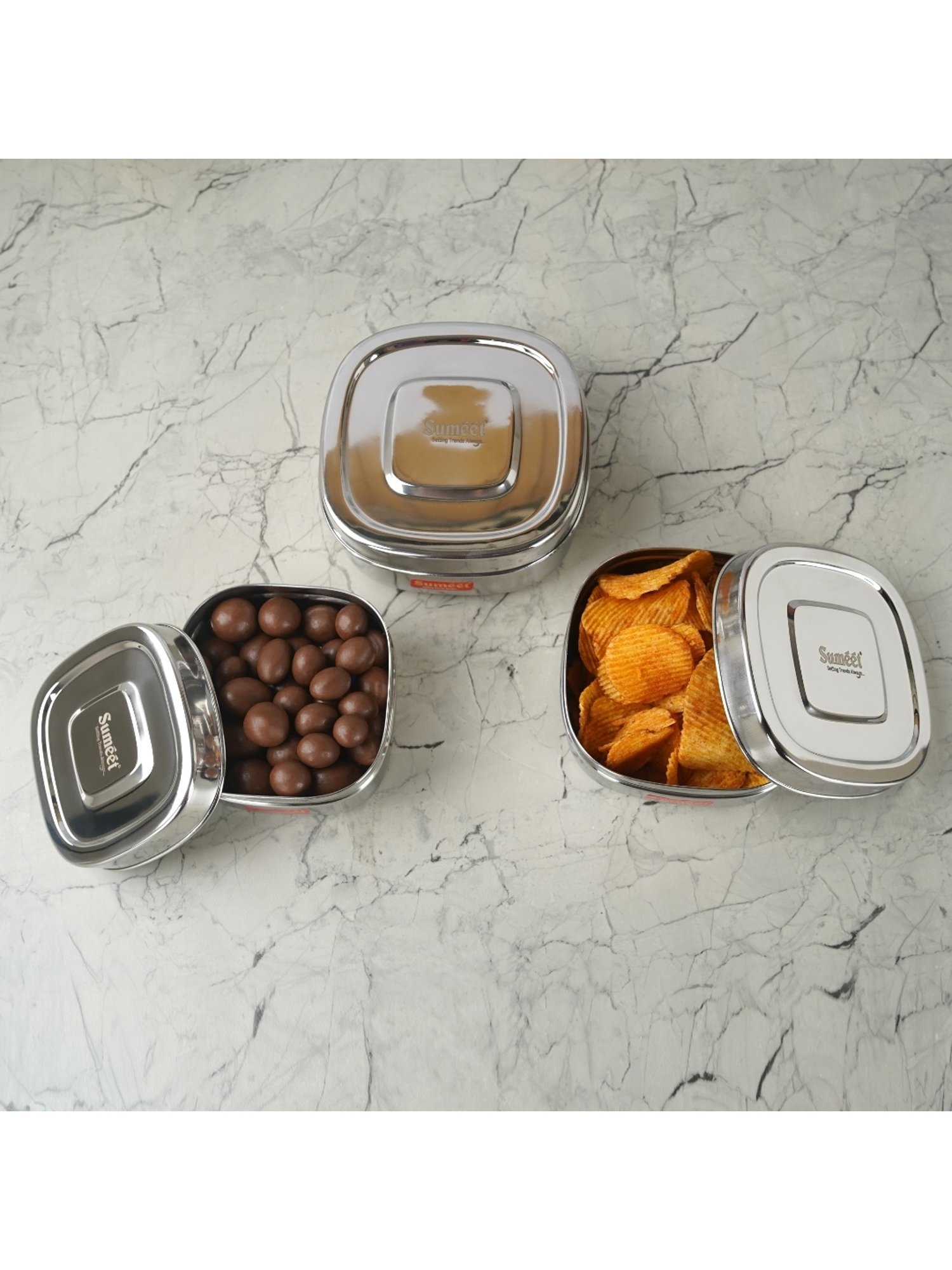Sumeet S.S.Square Storage container box for Kitchen, 3Pc, 550ml,700ml & 1000ml, 11cm,12.5cm&14.5cm