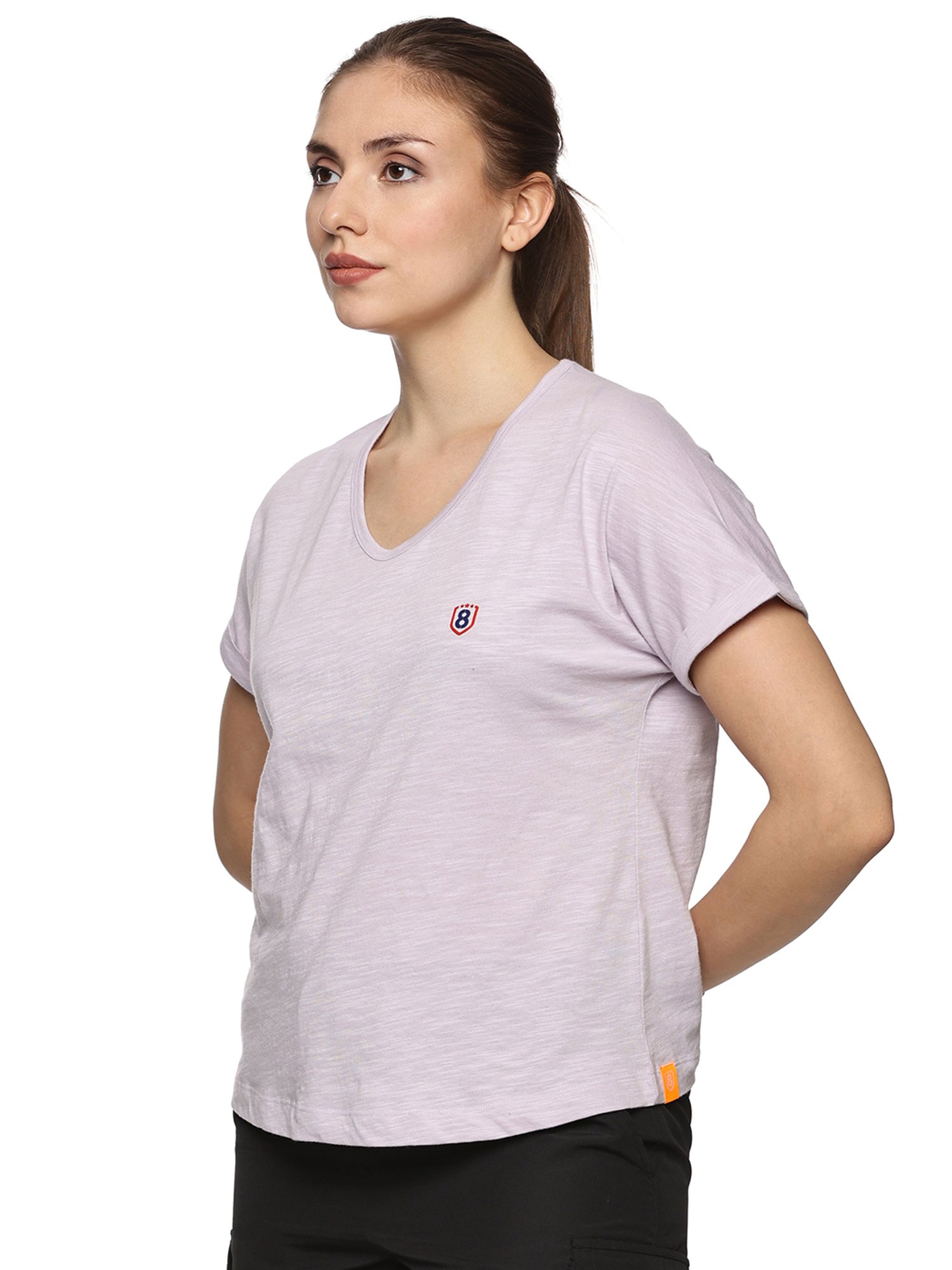 Domin8 Women 100% Organic Cotton U-Neck Mega Sleeve Sports Lilac T-Shirt