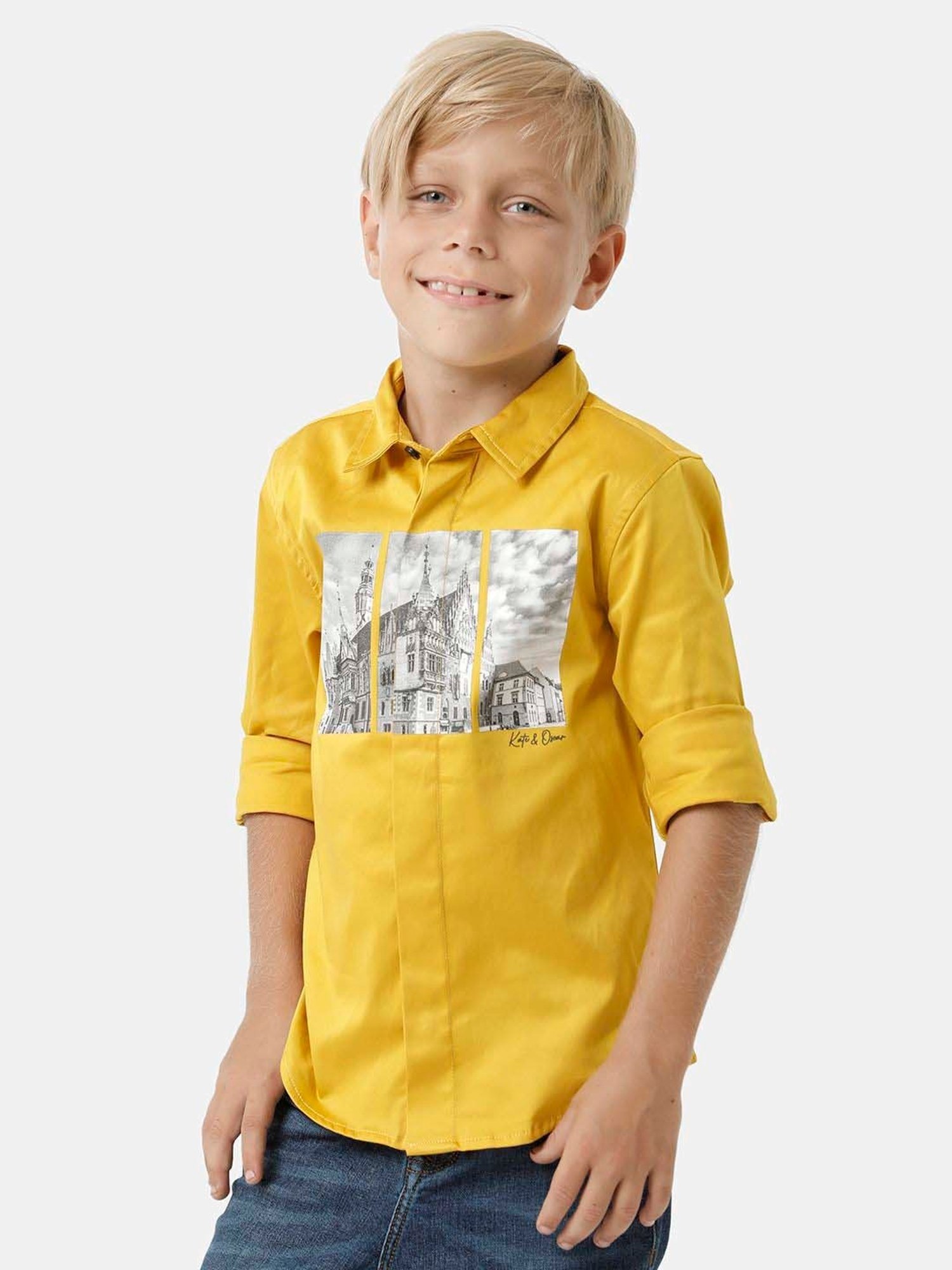 Kate & Oscar Kids Yellow & White Printed Full Sleeves Shirt