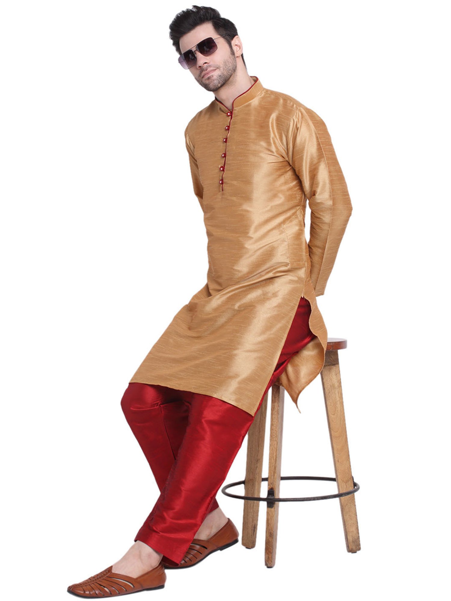 Benstoke Gold & Maroon Regular Fit Straight Kurta & Pyjamas Set