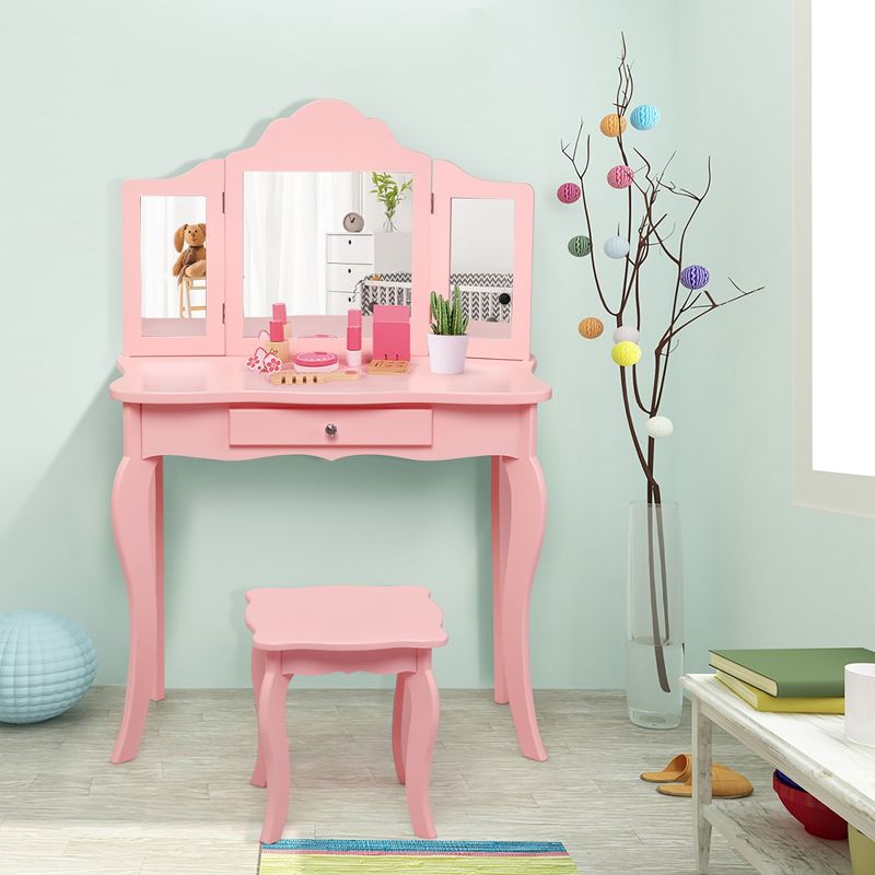 Costway Kids Vanity Table & Stool Princess Dressing Make Up Play Set for Girls Pink