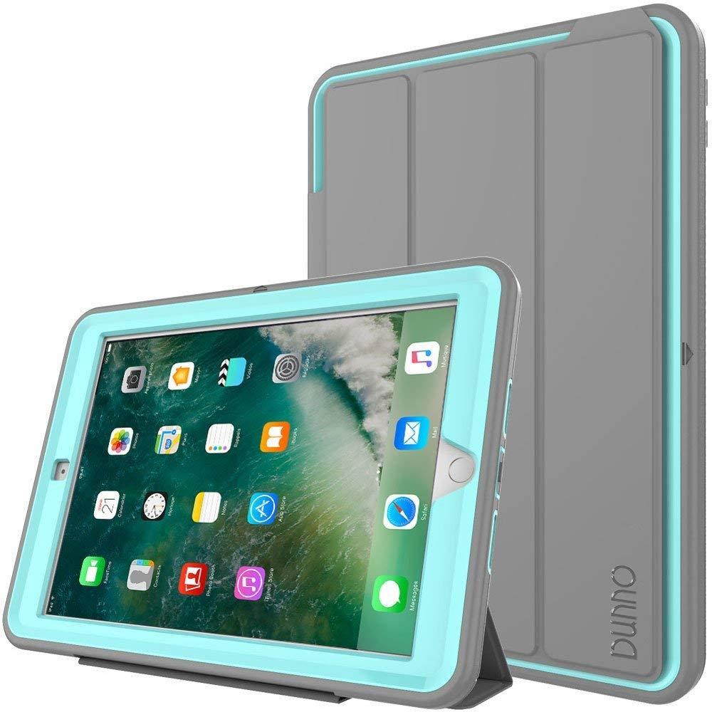 New iPad 9.7 2017/2018 case - DUNNO Heavy Duty Full Body Rugged Protective Case with Auto Sleep/Wake Up Stand Folio & Three Layer Design for Apple iPad 9.7 inch 2017/2018 (Grey/Light Blue)