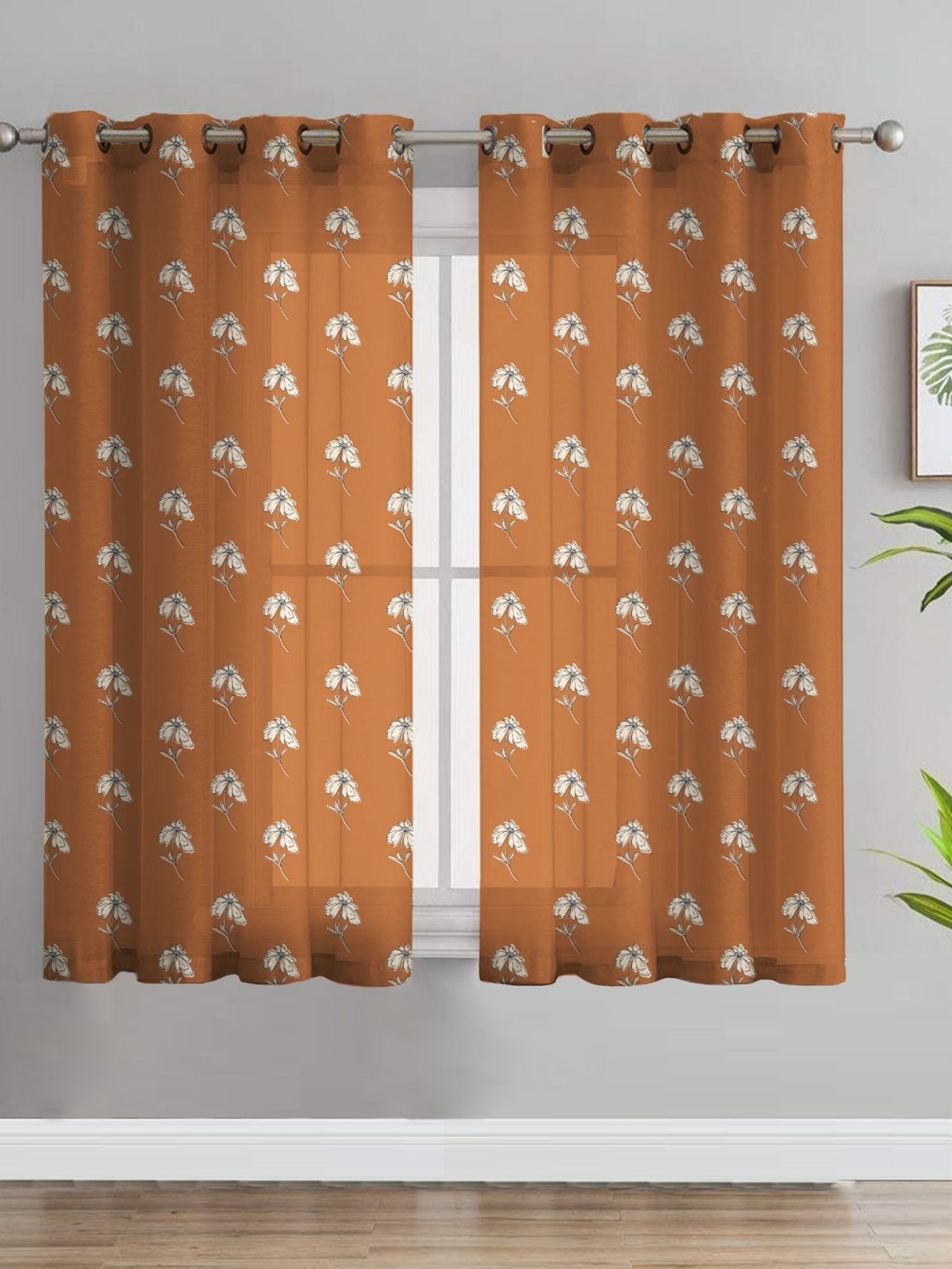 SPACES DRAPE STORY Boho Floral Brown Polyester 5 ft Sheer Window Curtains - Set of 2