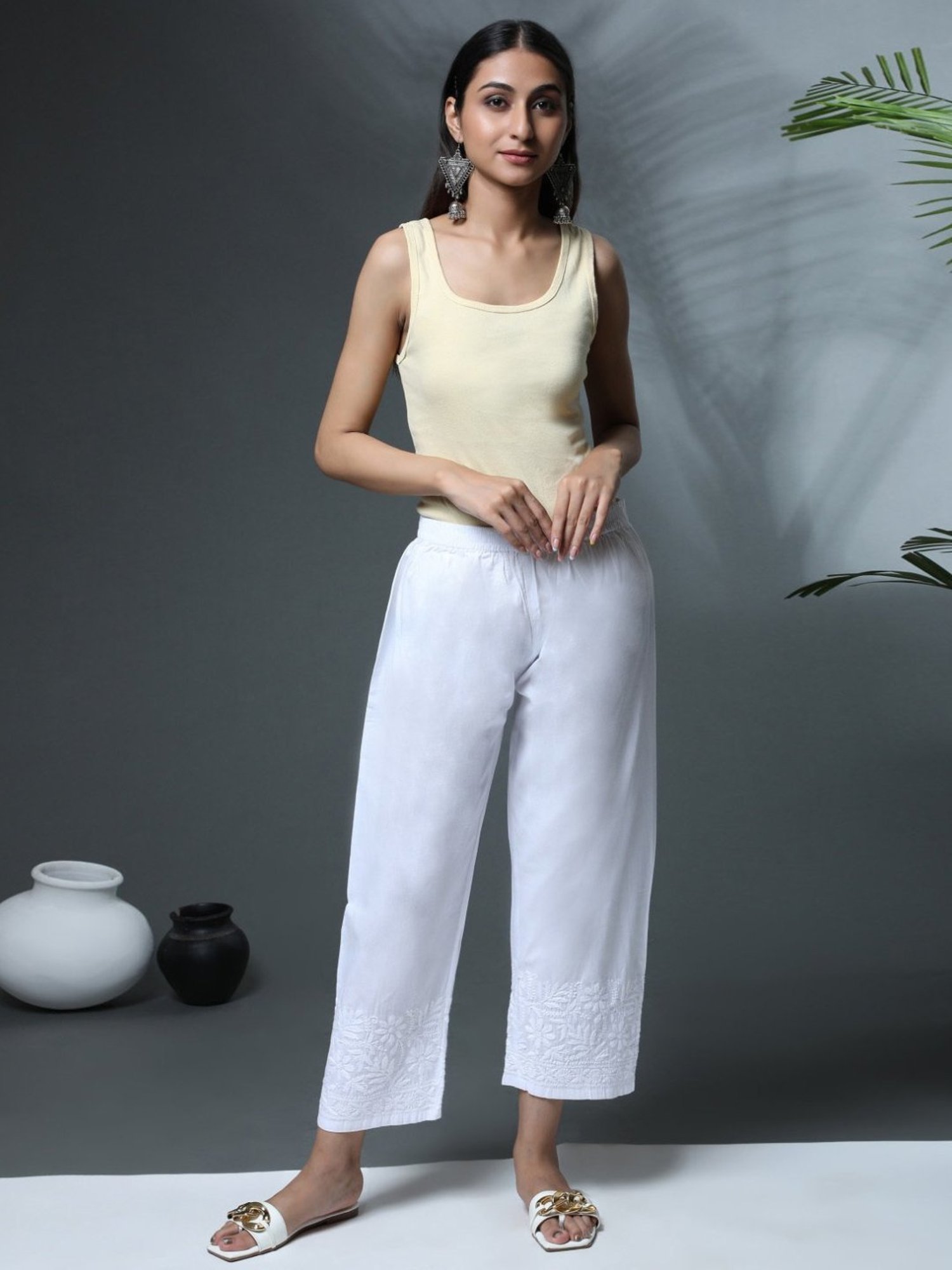 House Of Kari HOK Chikankari White Cotton Pant Trouser