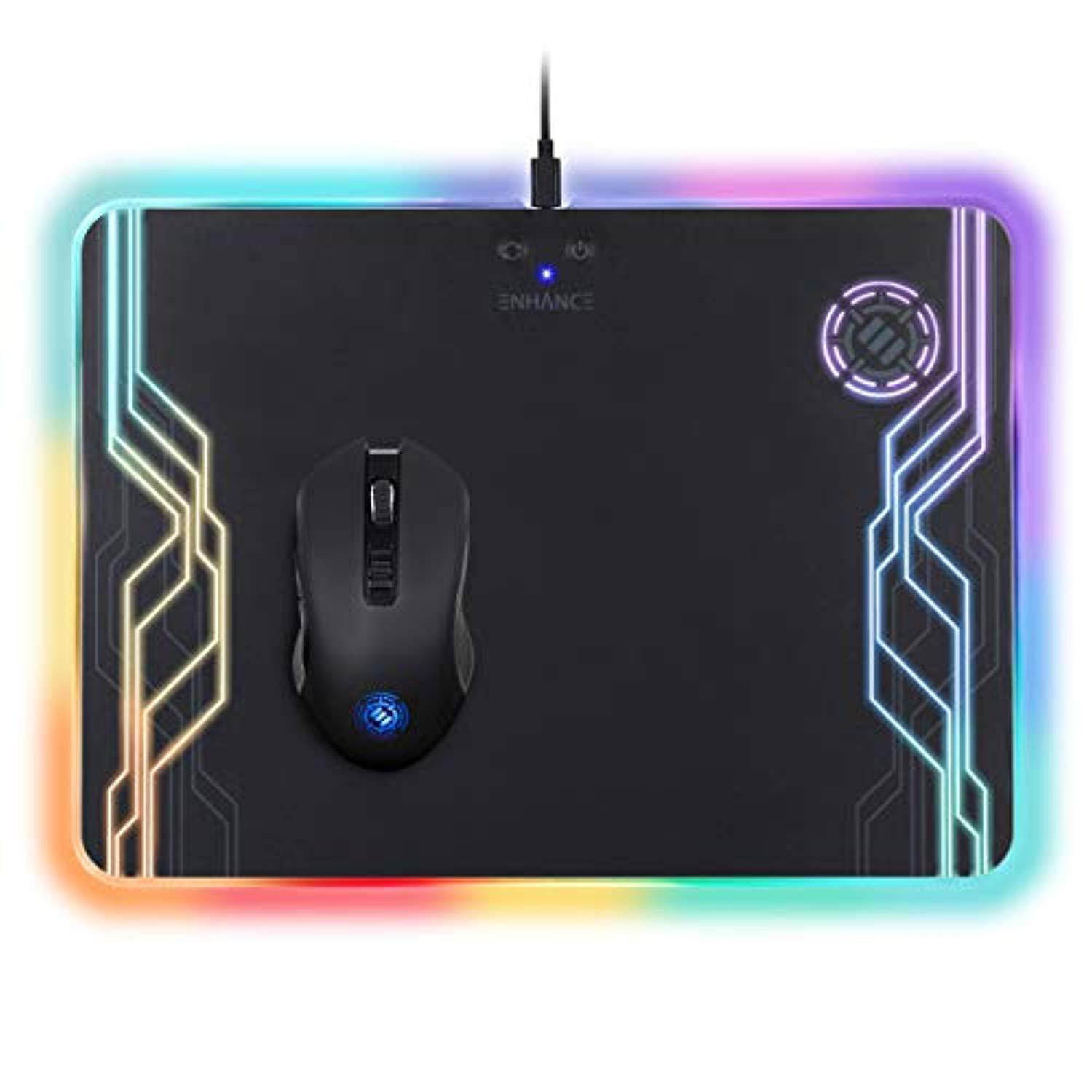 enhance powerup wireless charging led mouse pad + gaming mouse bundle - hard mat with custom lighting & programmable rgb mouse