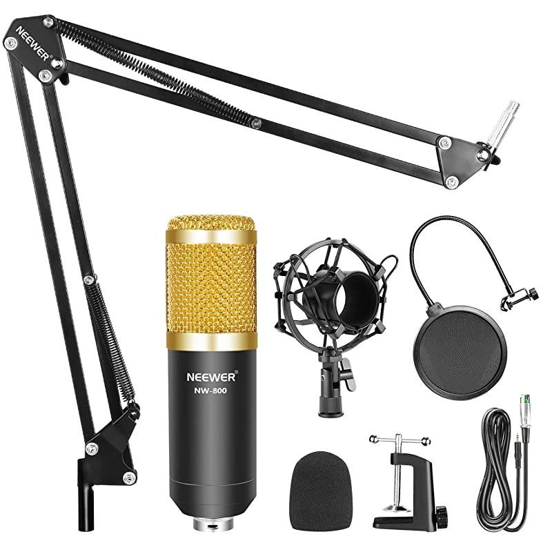Professional Studio Broadcasting Recording Condenser Microphone & NW- 35 Adjustable Recording Microphone Suspension Scissor Arm Stand with Shock Mount and Mounting Clamp Kit