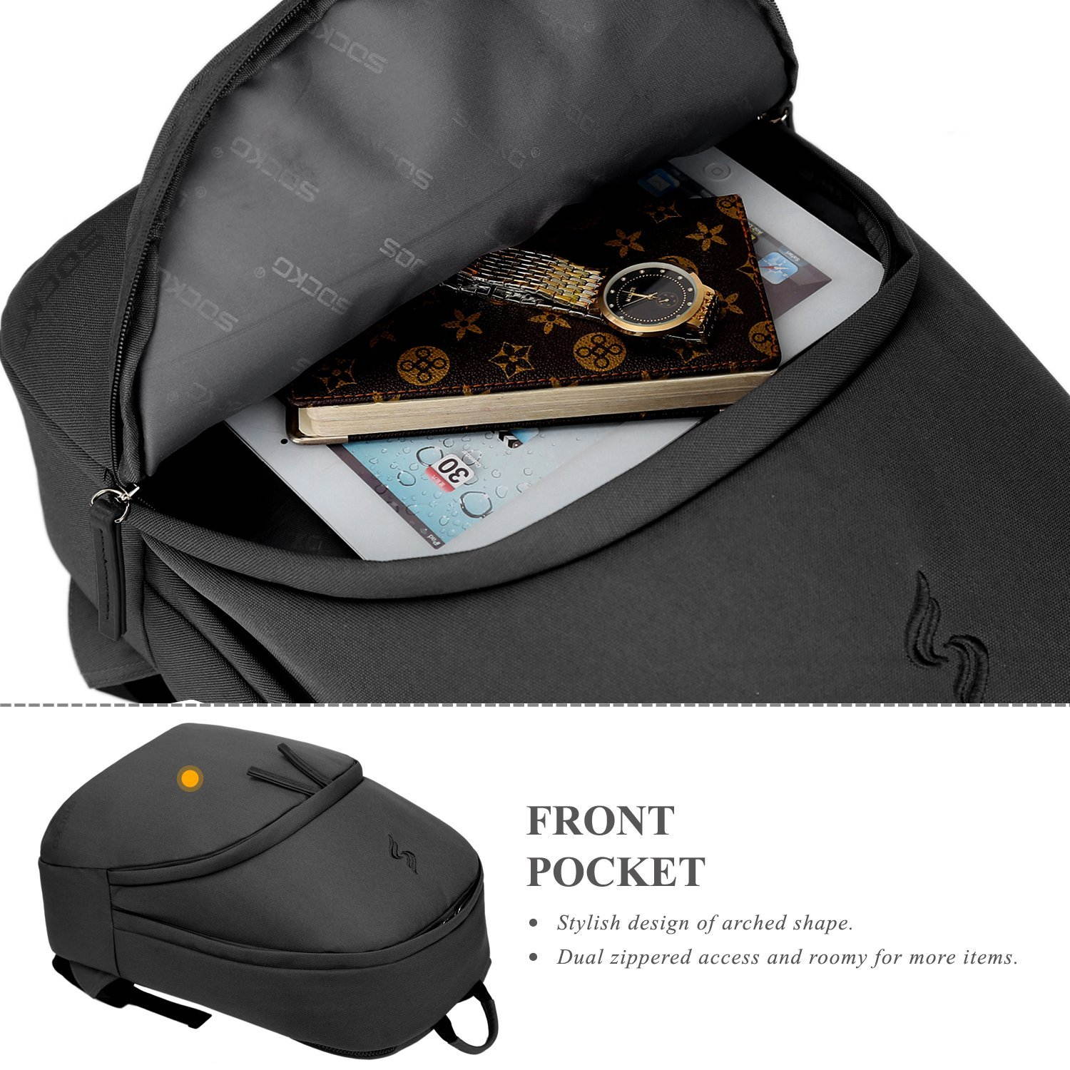 SOCKO Laptop Backpack 15.6 Inch, Ultra Lightweight Slim Water Resistant Casual Daypack Travel Business Backpack School Student Bag College Backpack for 13,14,15-Inch Laptops / MacBook Computers,Black