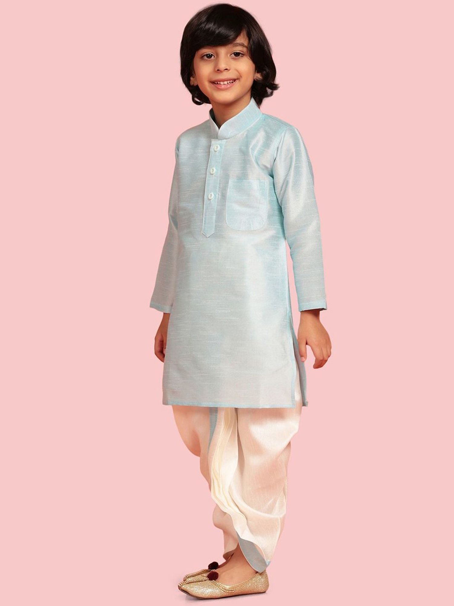 AJ Dezines Kids Blue & White Regular Fit Full Sleeves Kurta Set