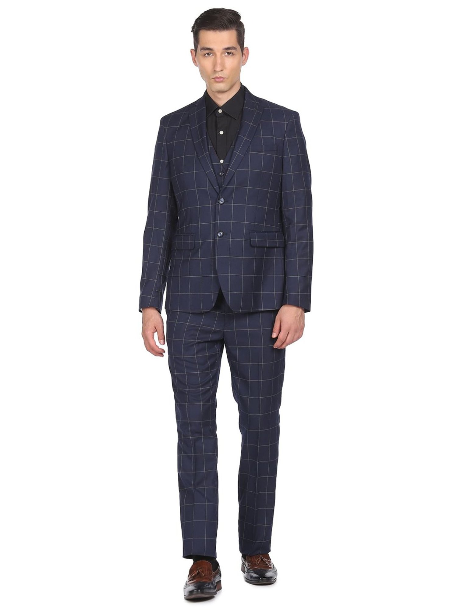 Arrow Navy Regular Fit Checks Three Piece Suit