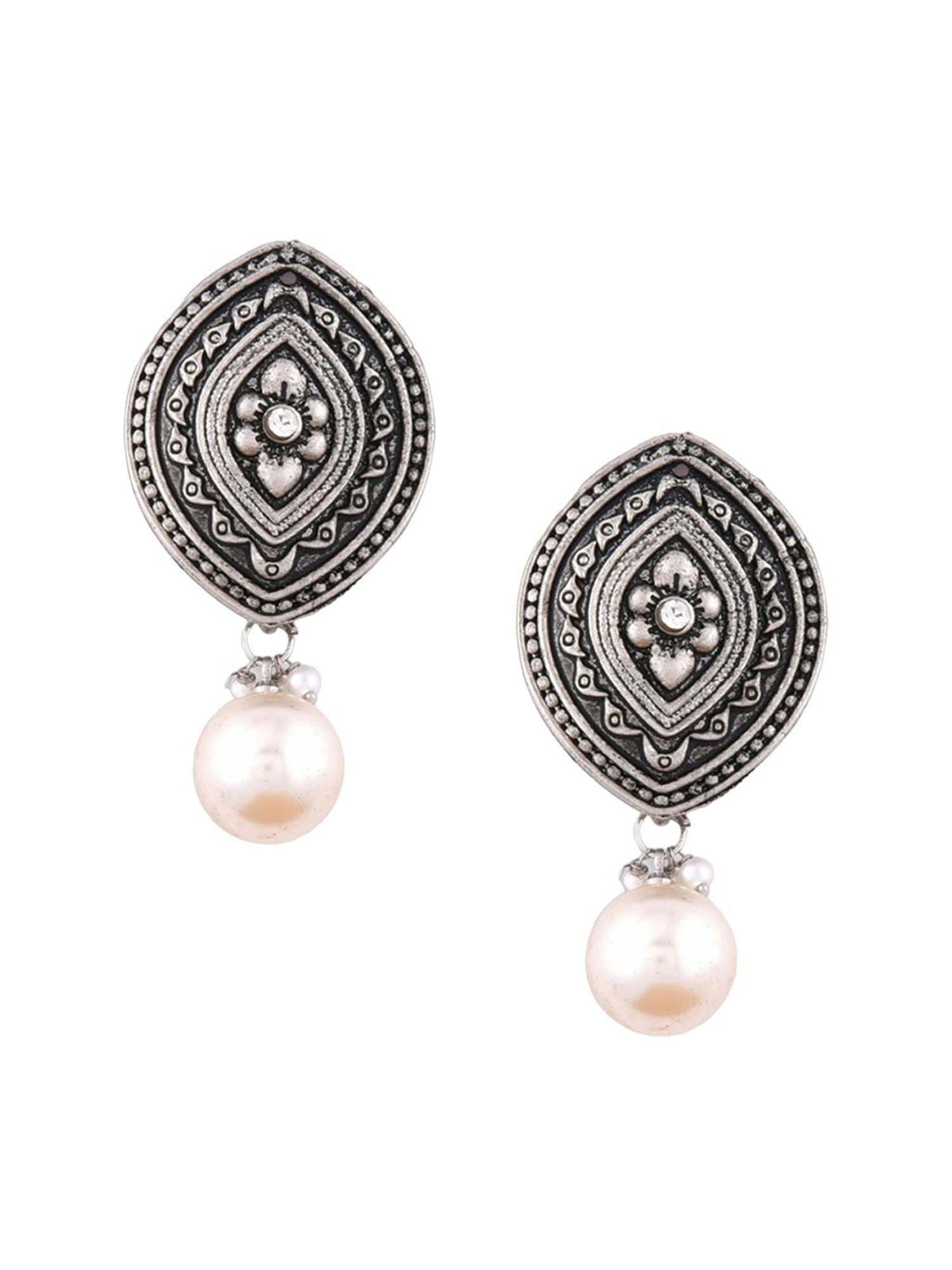 Oomph Jewellery Oxidized Silver Ethnic Silver Look Alike Marquise Shape with Pearl Drop Earrings