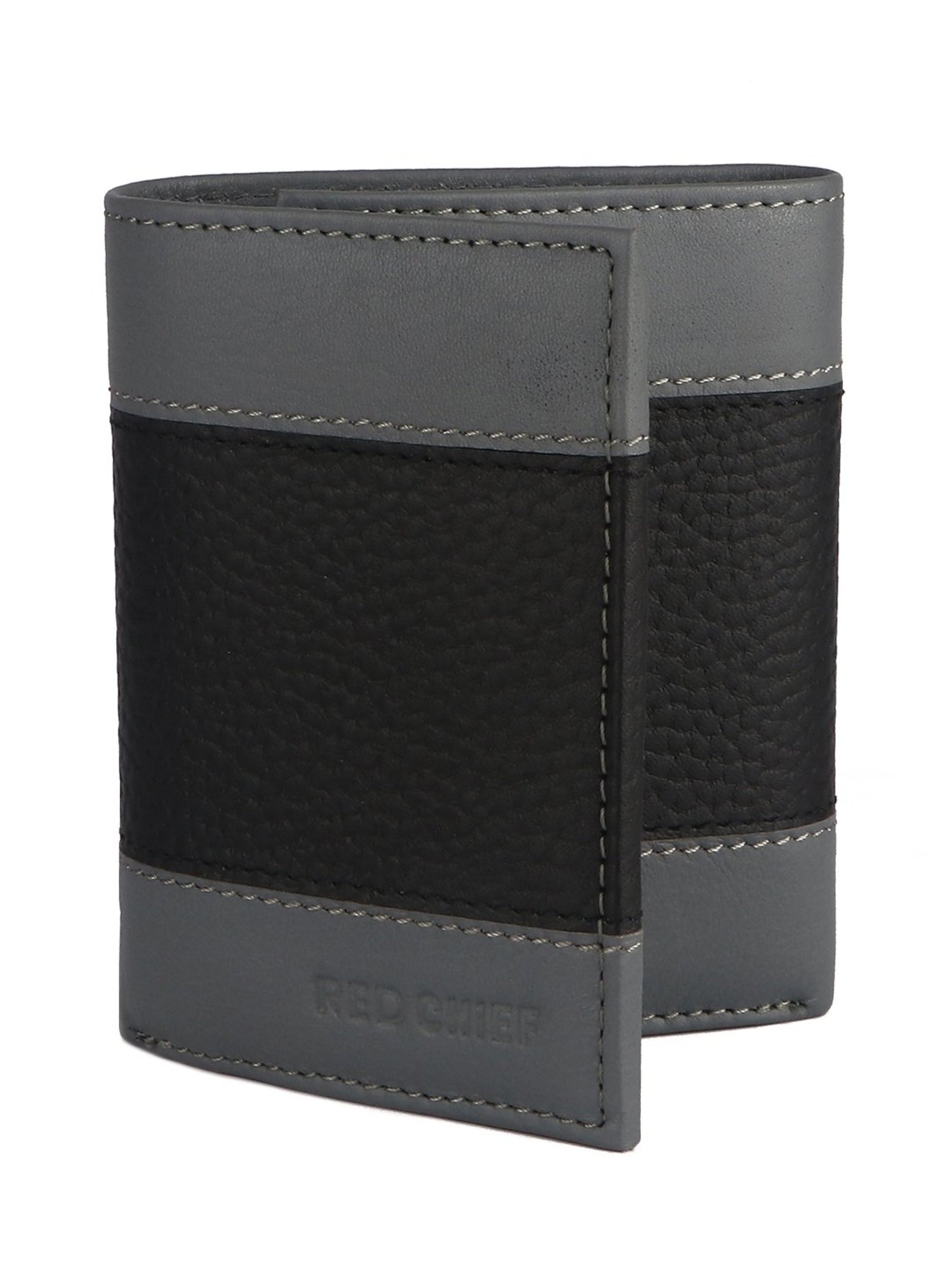 Red Chief Black & Grey Leather Tri-Fold Wallet for Men