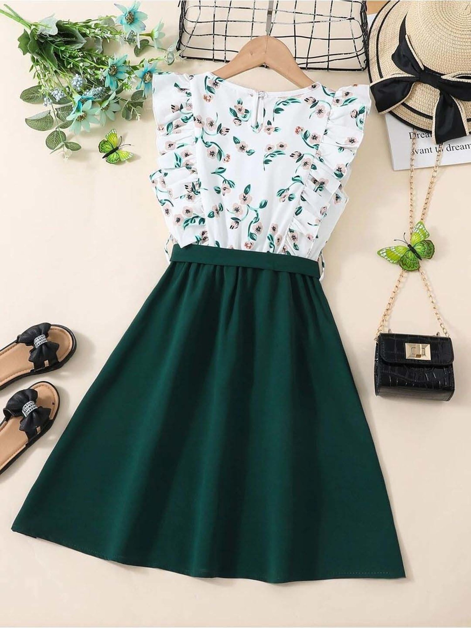 Bolly Lounge Girls Green & White Floral Dress