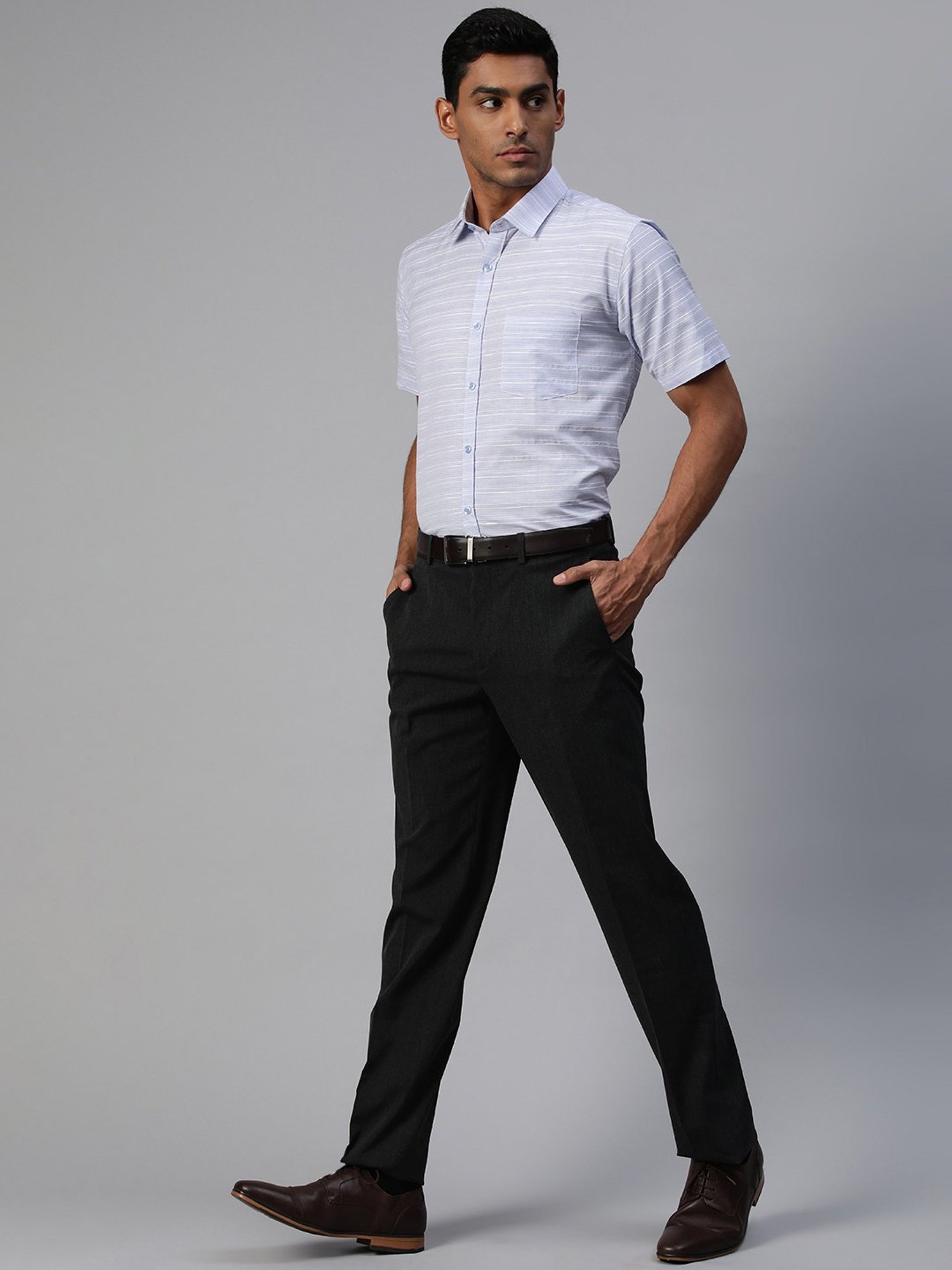 ManQ Indigo Blue Regular Fit Striped Shirt