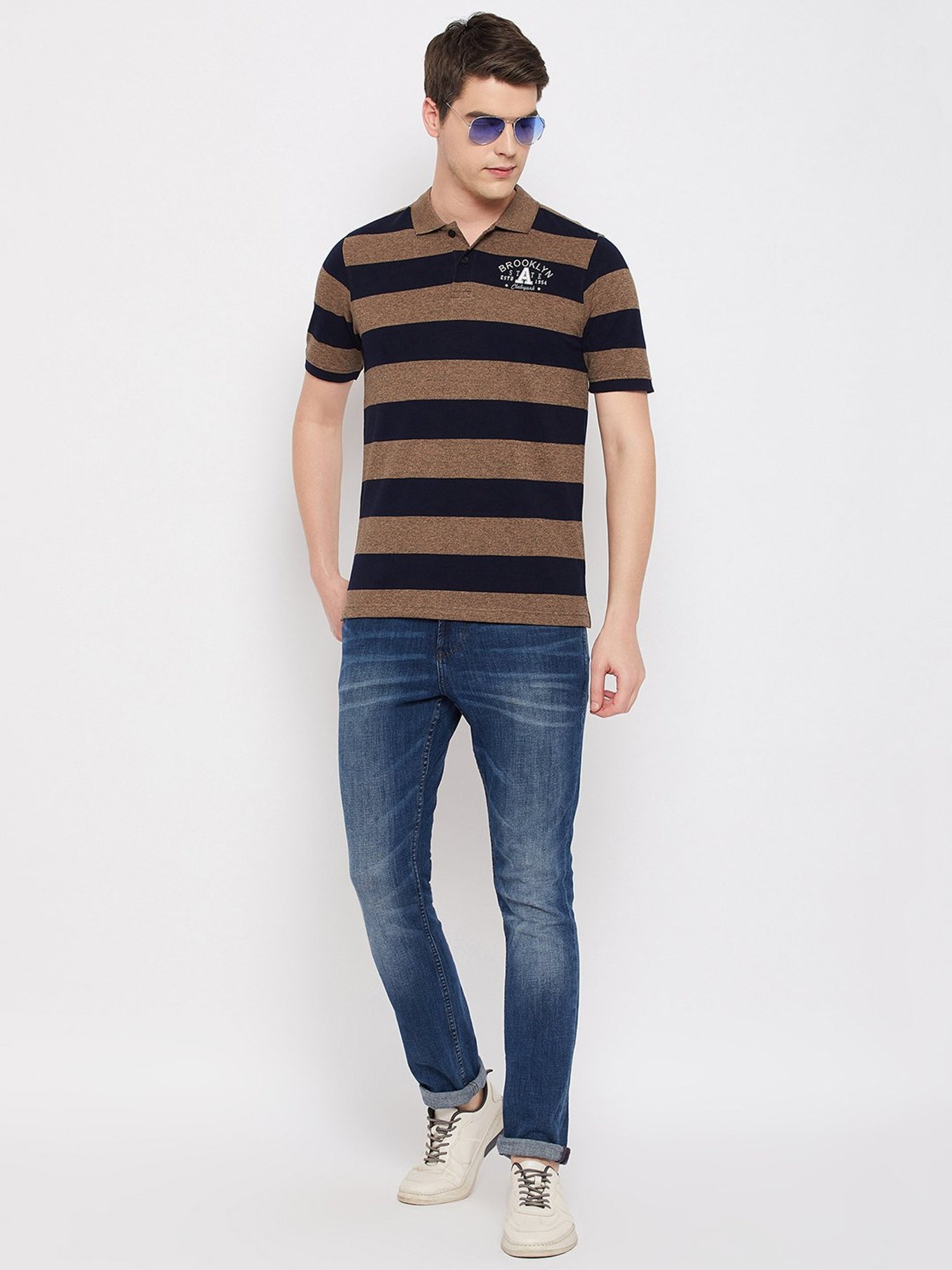 Club York Brown Regular Fit Striped Polo T-Shirt