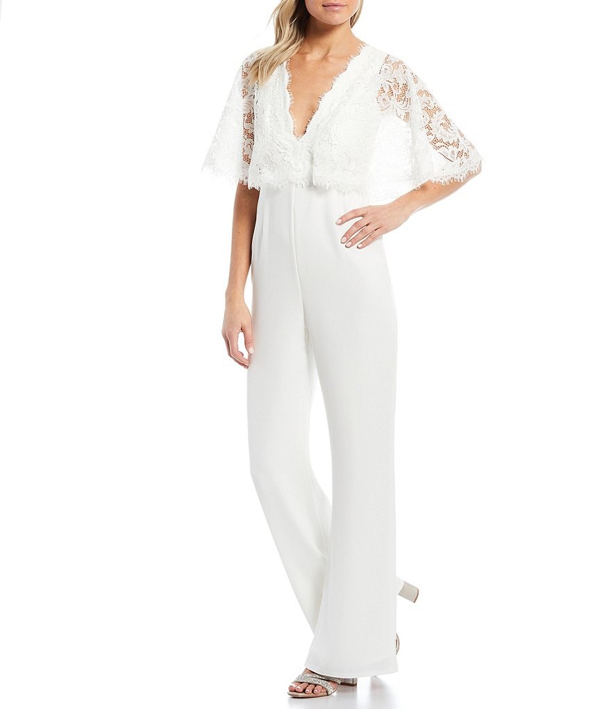 Tadashi Shoji Deep V-Neck Lace Caplet Bridal Jumpsuit
