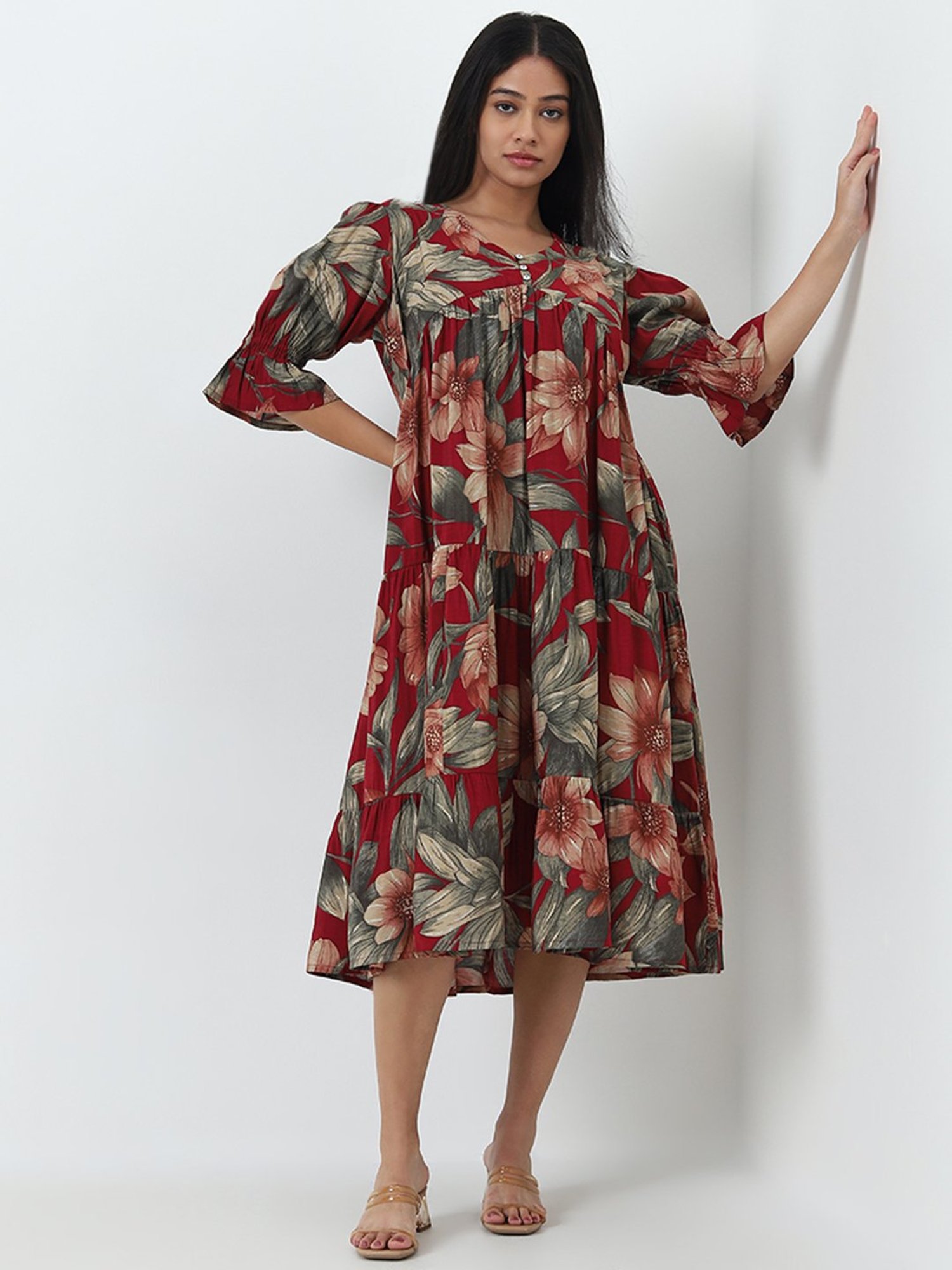Diza by Westside Red Floral Design A-Line Dress