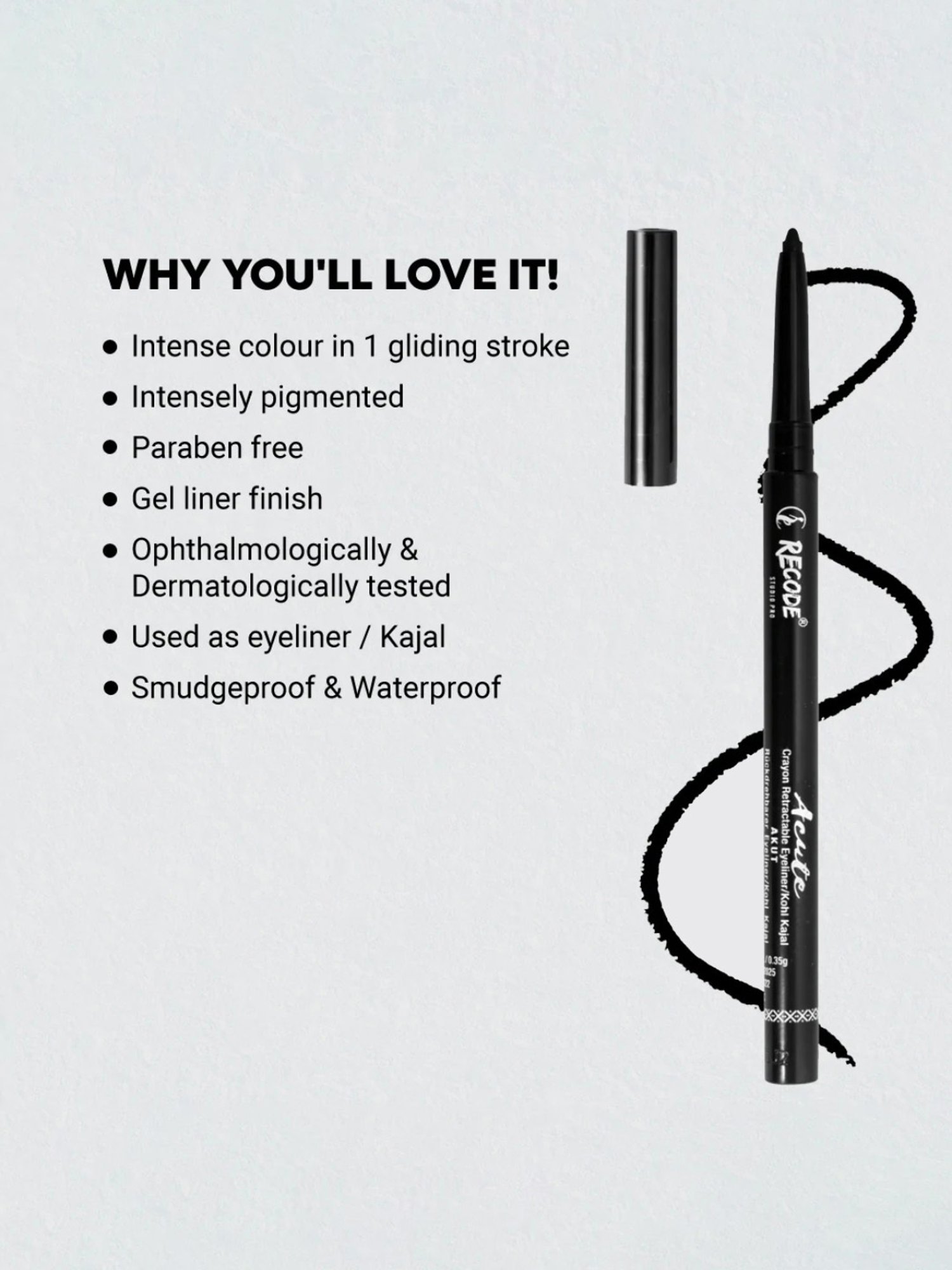 Recode Acute Crayon Retractable Eyeliner/Kohl Kajal Black - 0.35 gm